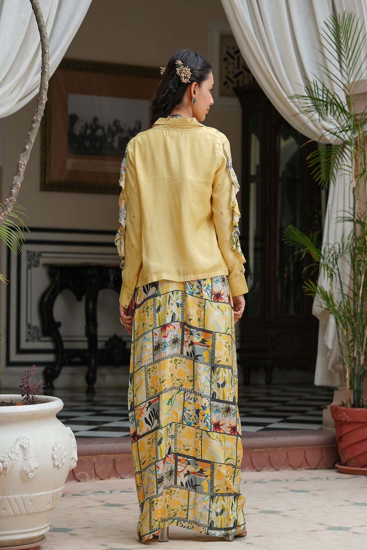 Yellow Multicolor Muslin Jacket And Dhoti Set