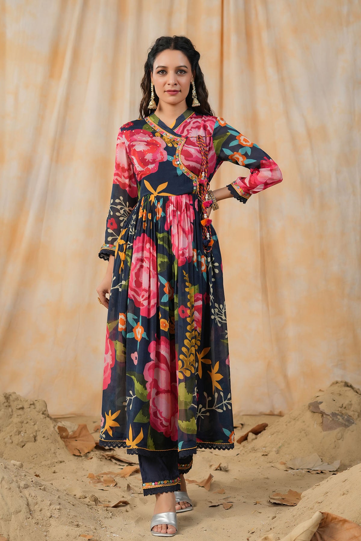Blue Floral Chinon Printed Anarkali Suit
