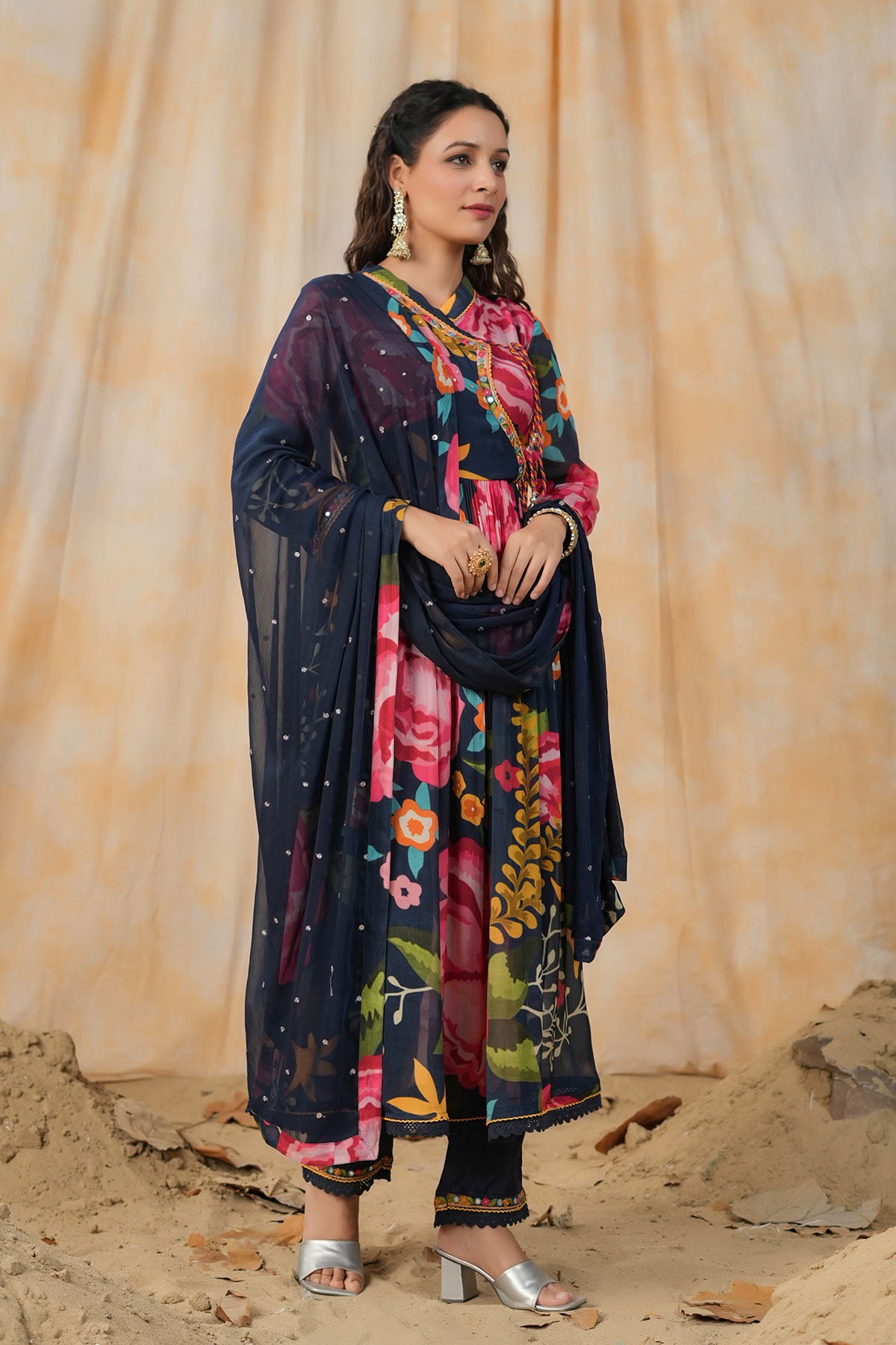 Blue Floral Chinon Printed Anarkali Suit