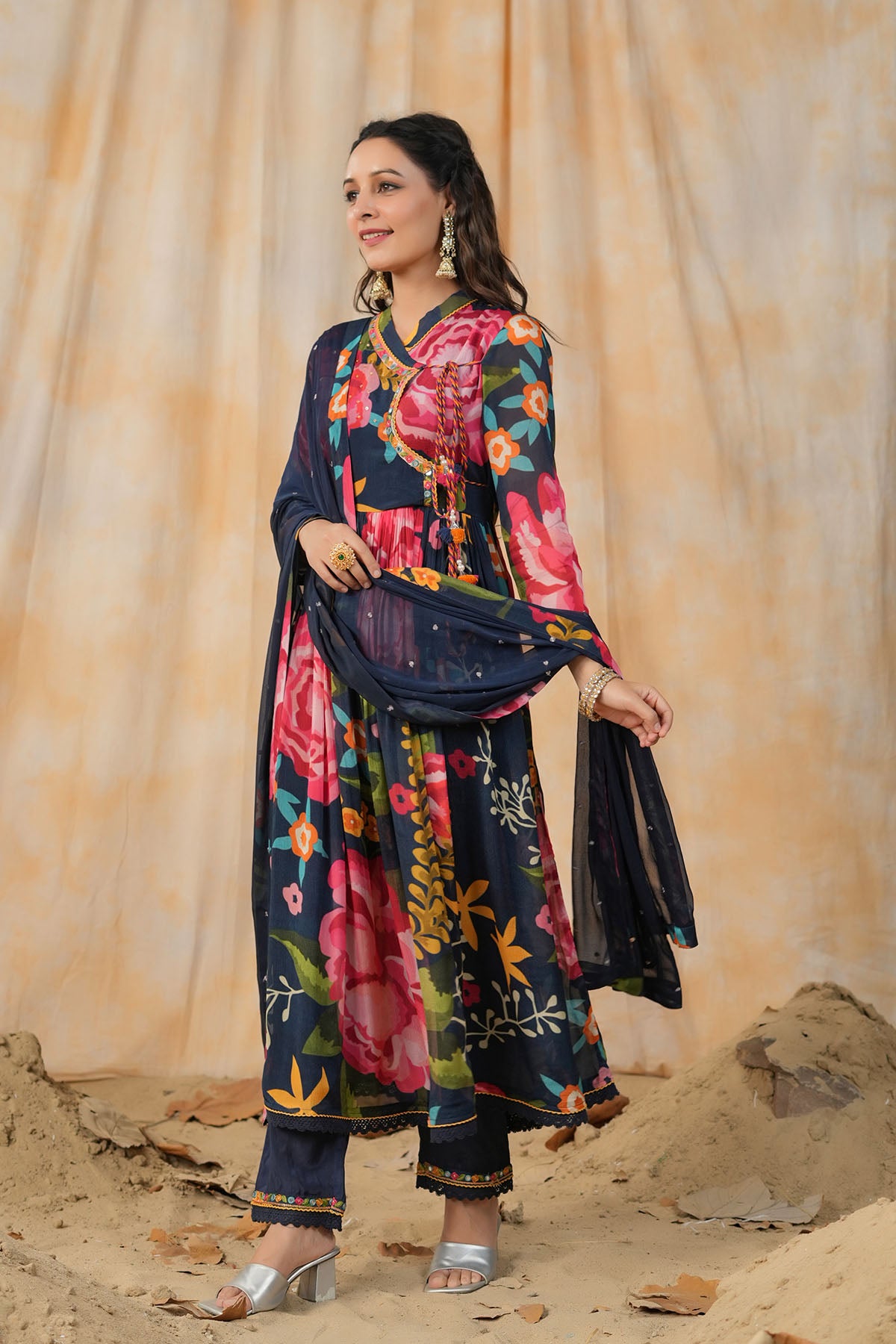 Blue Floral Chinon Printed Anarkali Suit