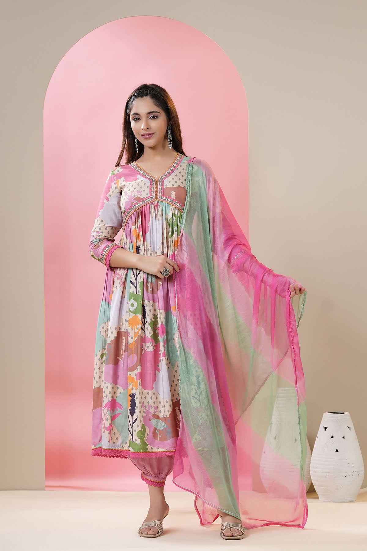 Pink Multicolor Muslin Printed Anarkali Suit