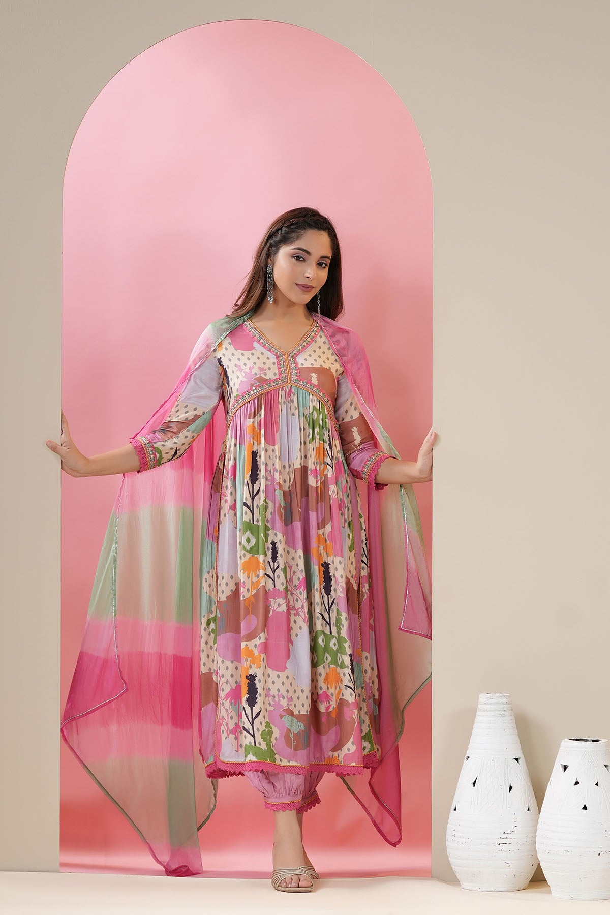 Pink Multicolor Muslin Printed Anarkali Suit