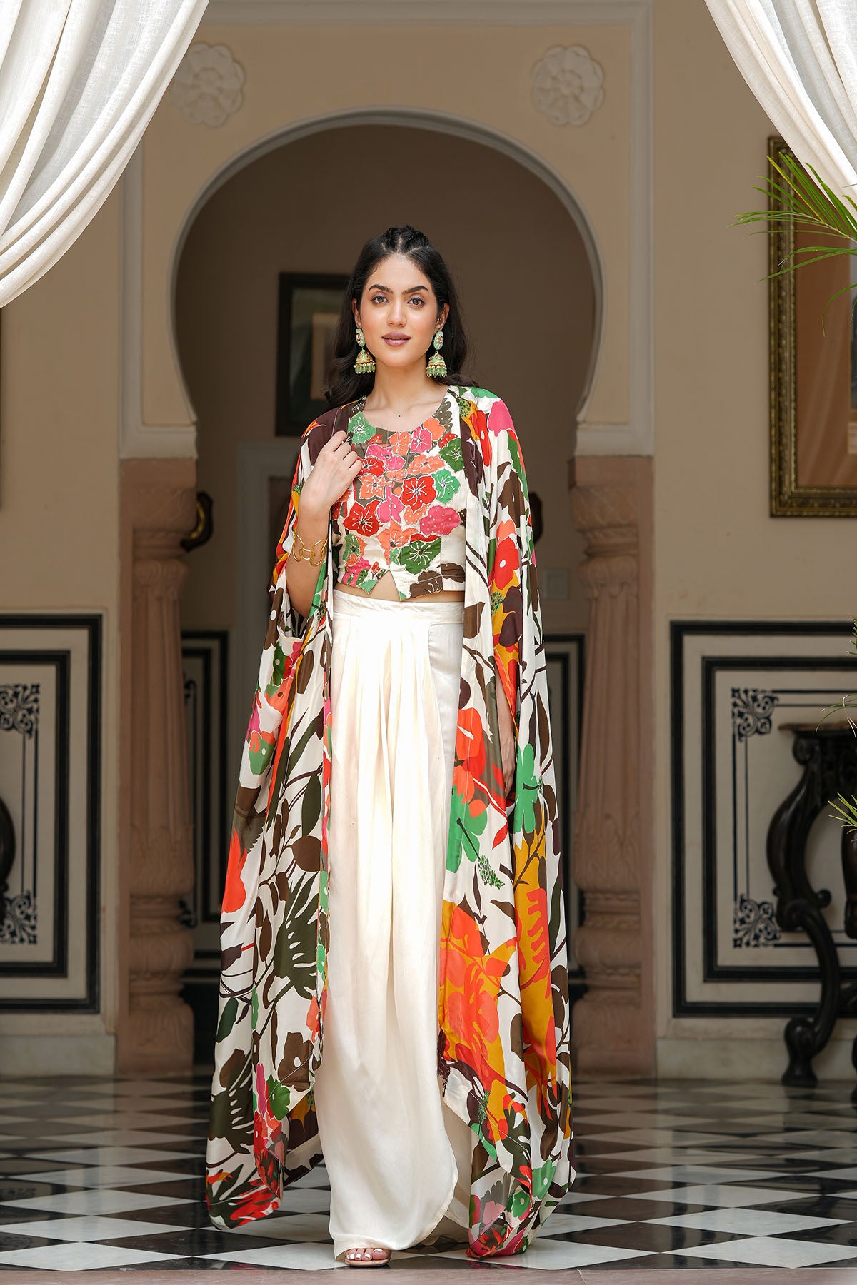 Multicolour Handwork Viscose Crepe Shrug Set