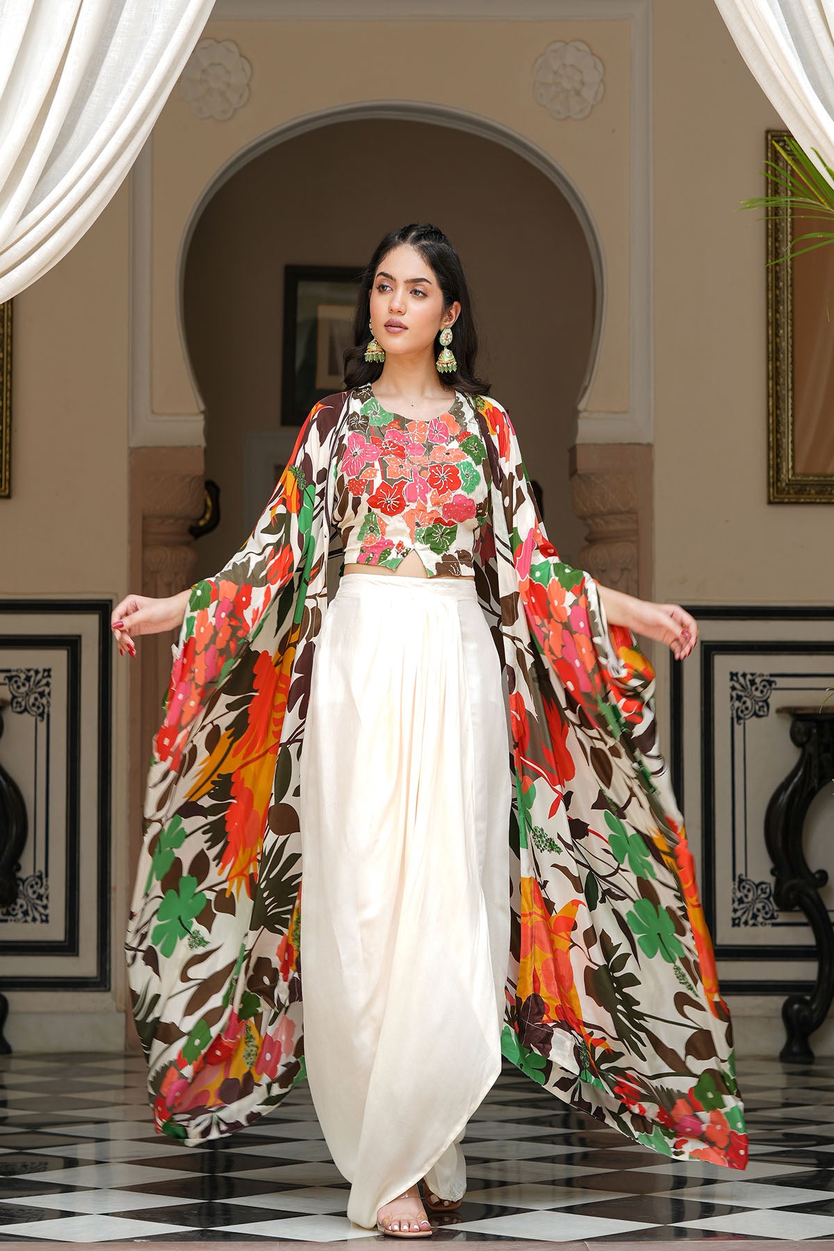 Multicolour Handwork Viscose Crepe Shrug Set