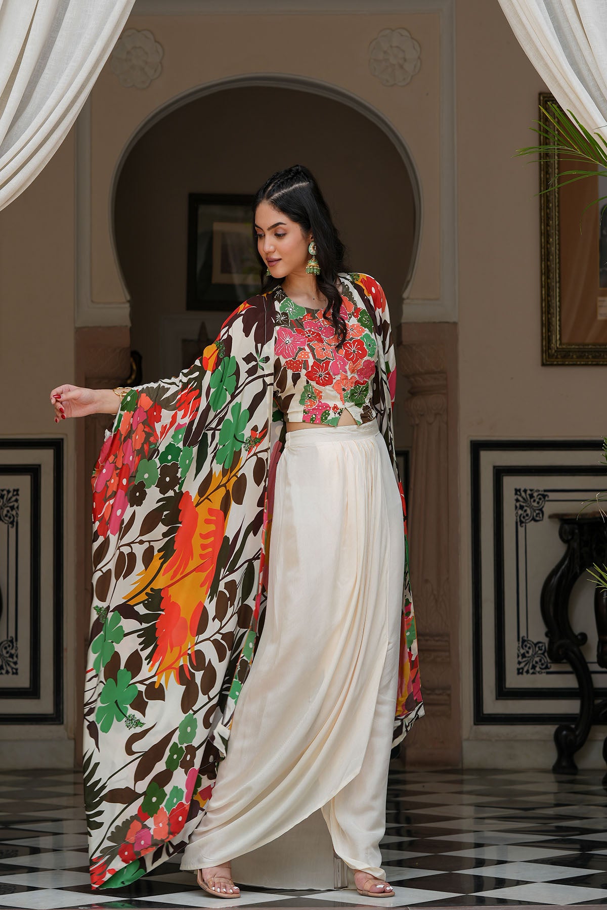 Multicolour Handwork Viscose Crepe Shrug Set