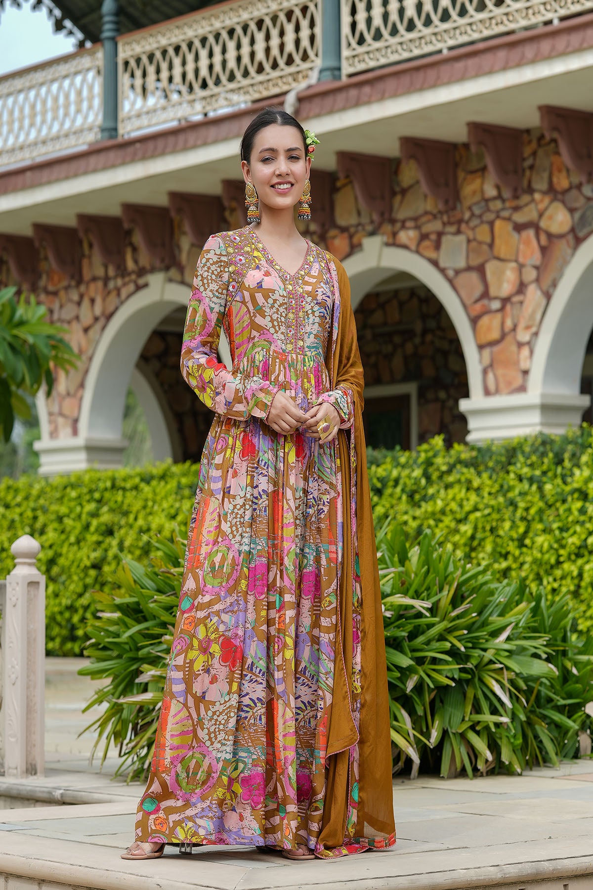 Brown Multicolour Chinon Handwork Gown Set