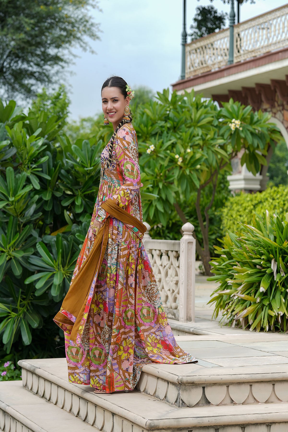 Brown Multicolour Chinon Handwork Gown Set