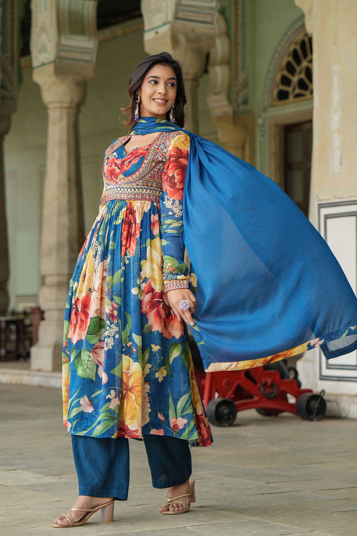 Blue Floral Chinon Anarkali Suit