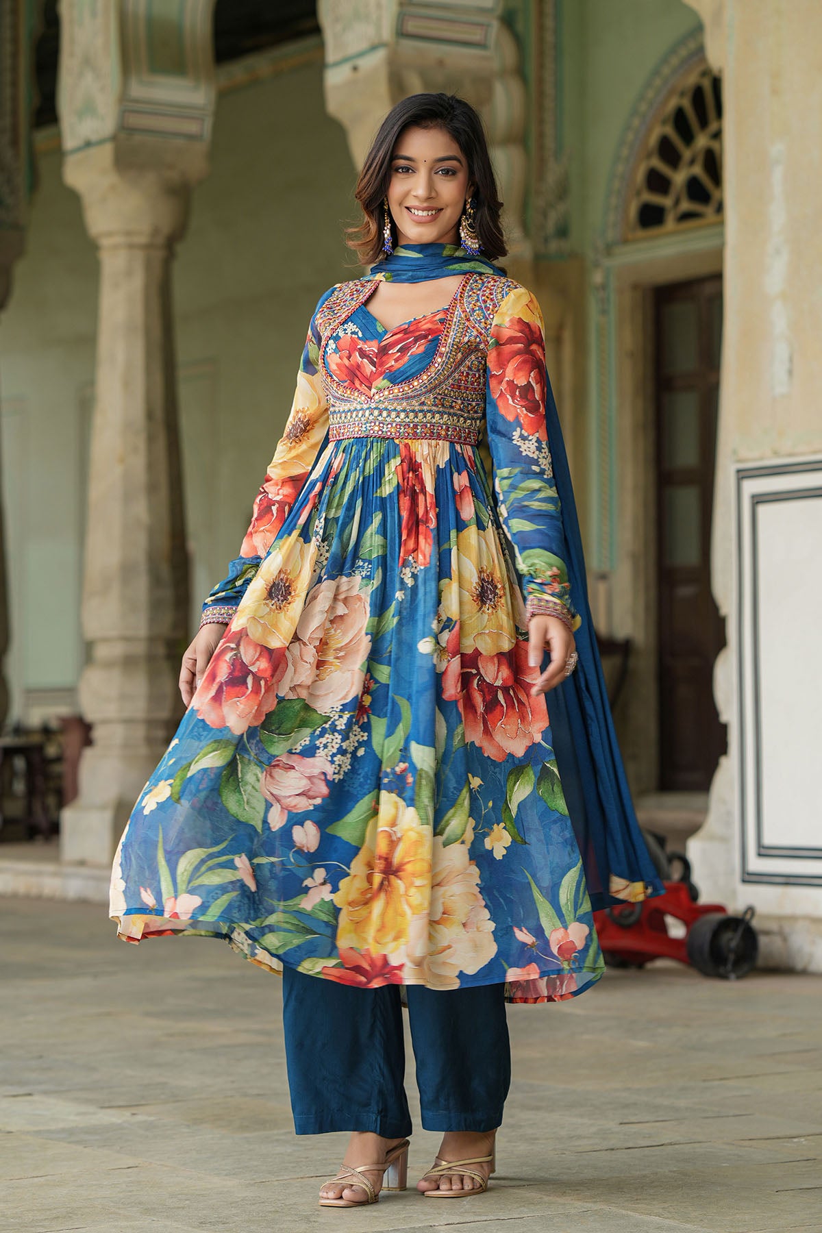 Blue Floral Chinon Anarkali Suit