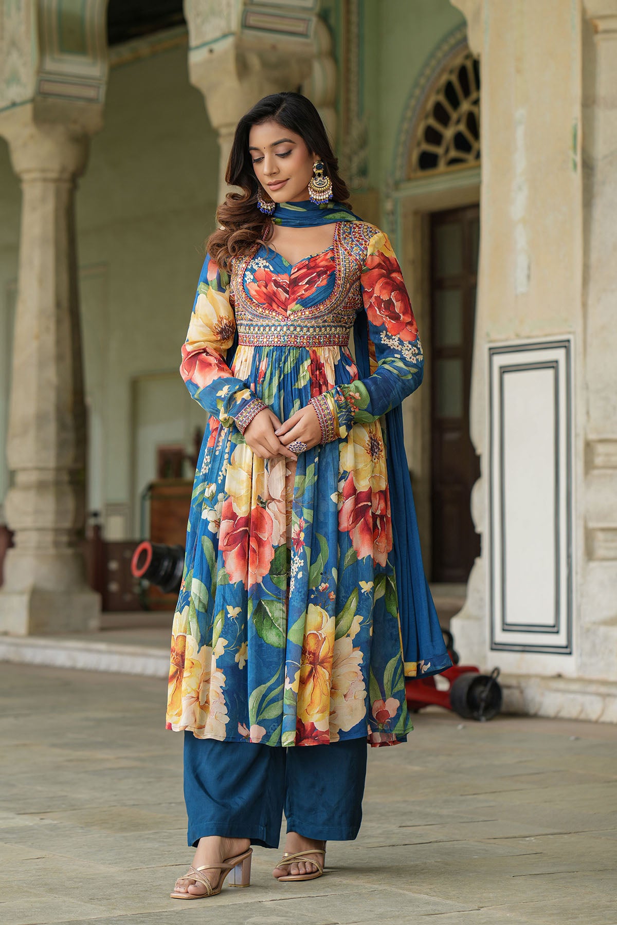 Blue Floral Chinon Anarkali Suit