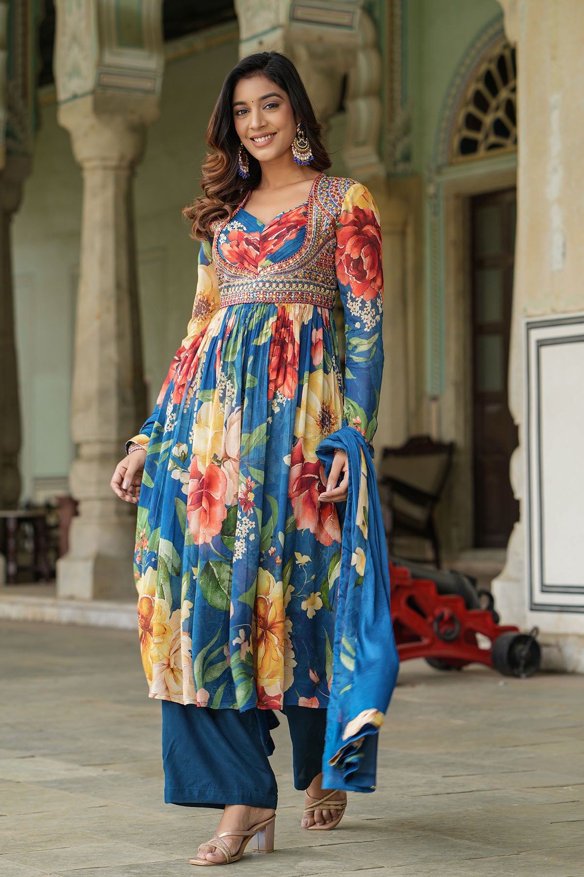 Blue Floral Chinon Anarkali Suit
