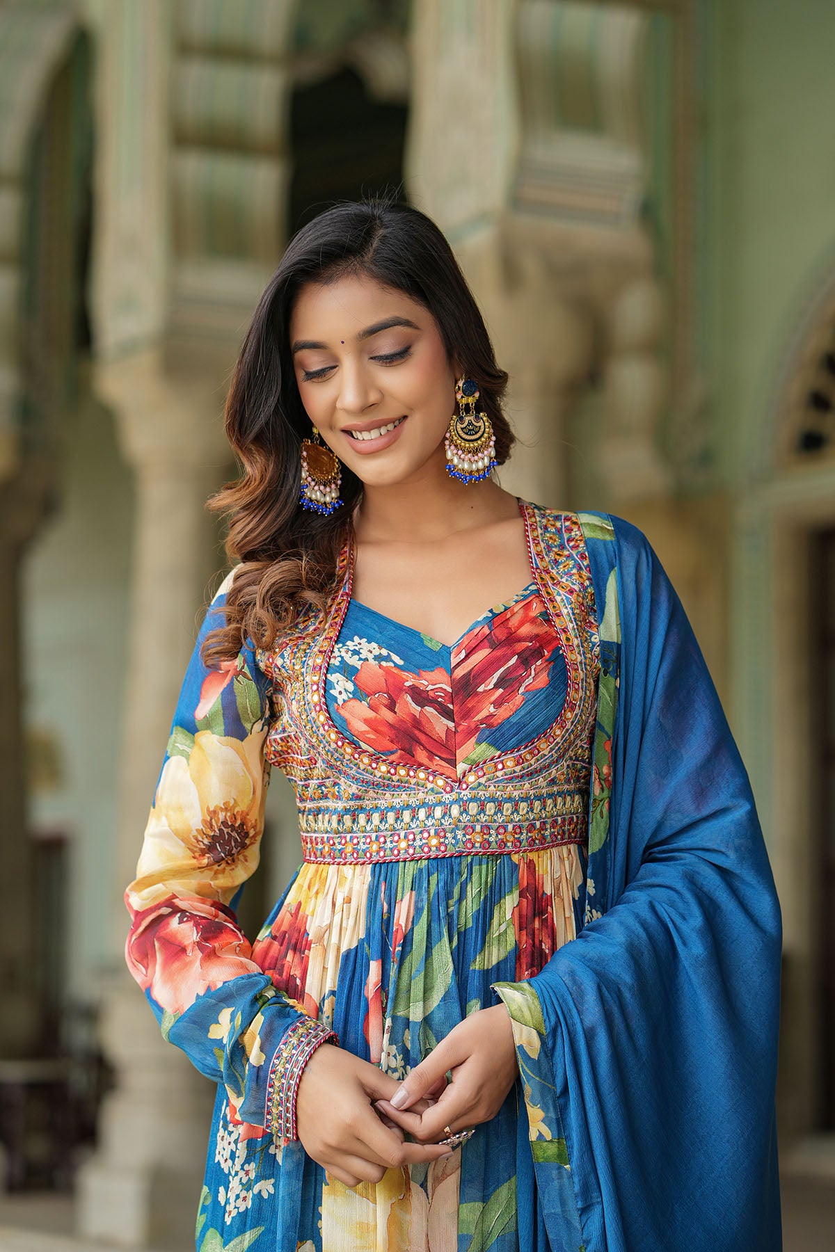 Blue Floral Chinon Anarkali Suit