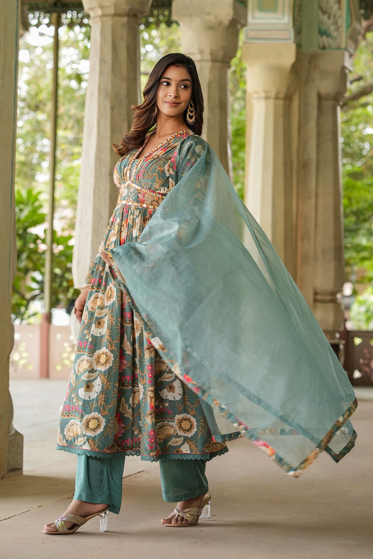 Green Floral Viscose Crepe Handwork Anarkali Suit