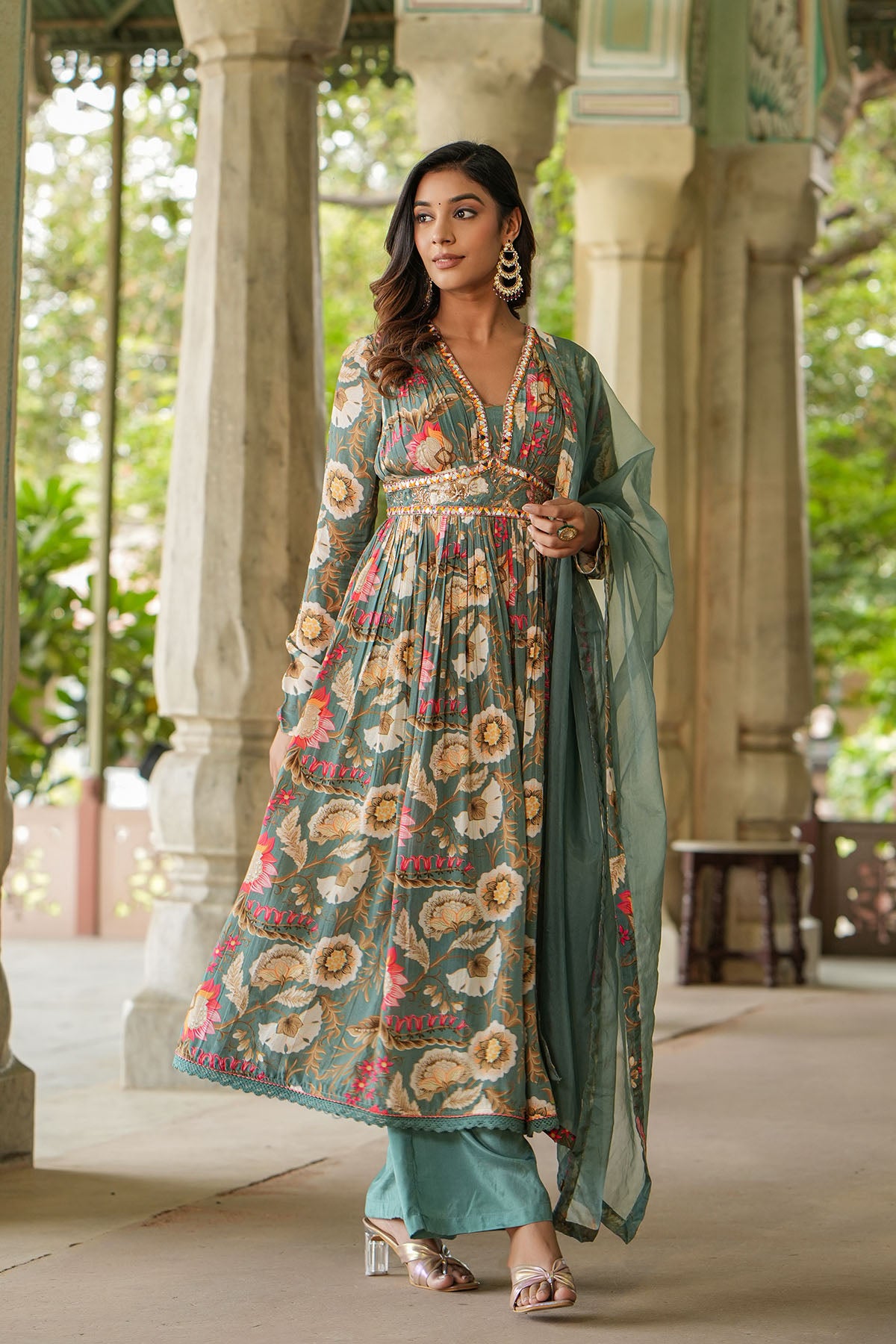 Green Floral Viscose Crepe Handwork Anarkali Suit