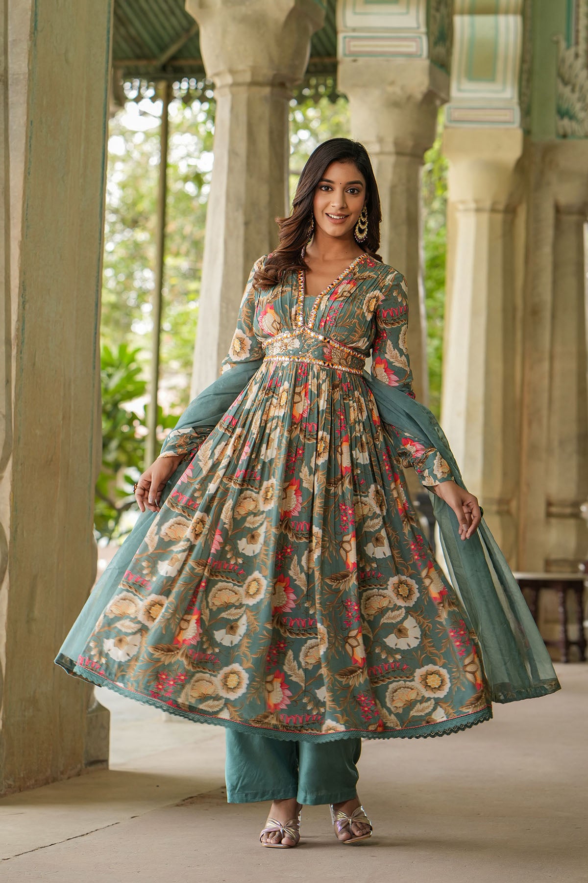 Green Floral Viscose Crepe Handwork Anarkali Suit