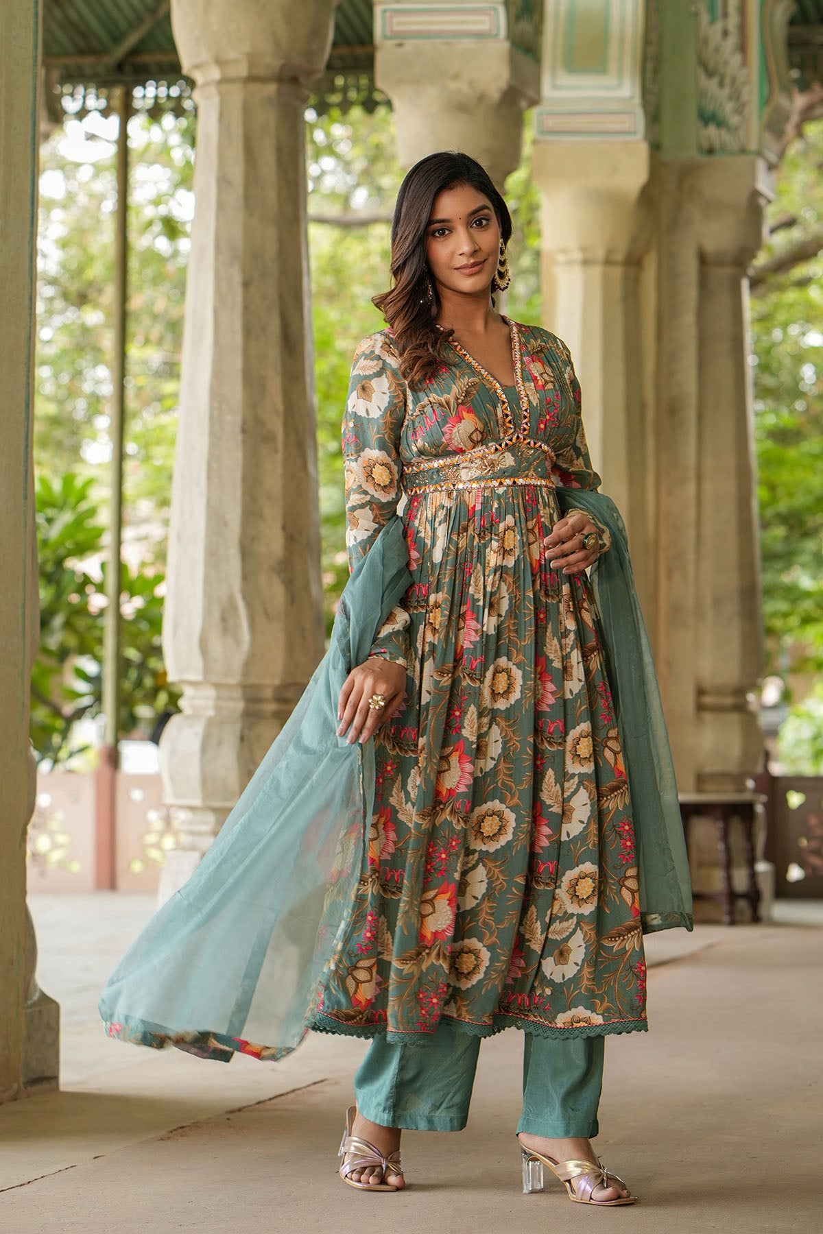 Green Floral Viscose Crepe Handwork Anarkali Suit