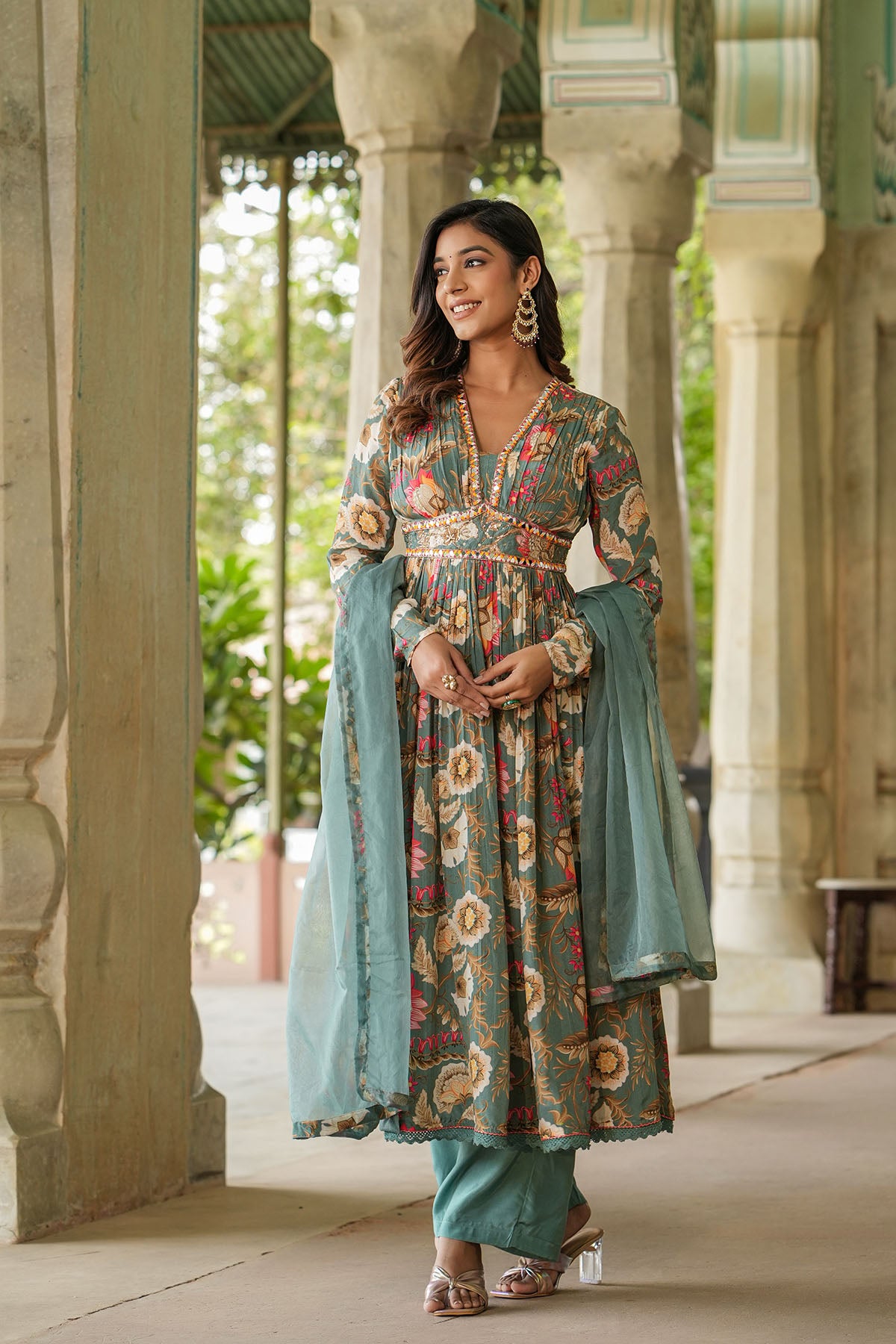 Green Floral Viscose Crepe Handwork Anarkali Suit