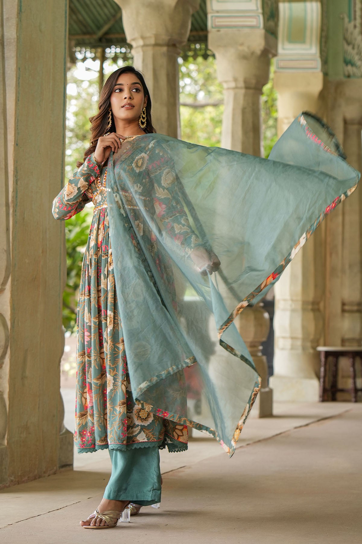Green Floral Viscose Crepe Handwork Anarkali Suit
