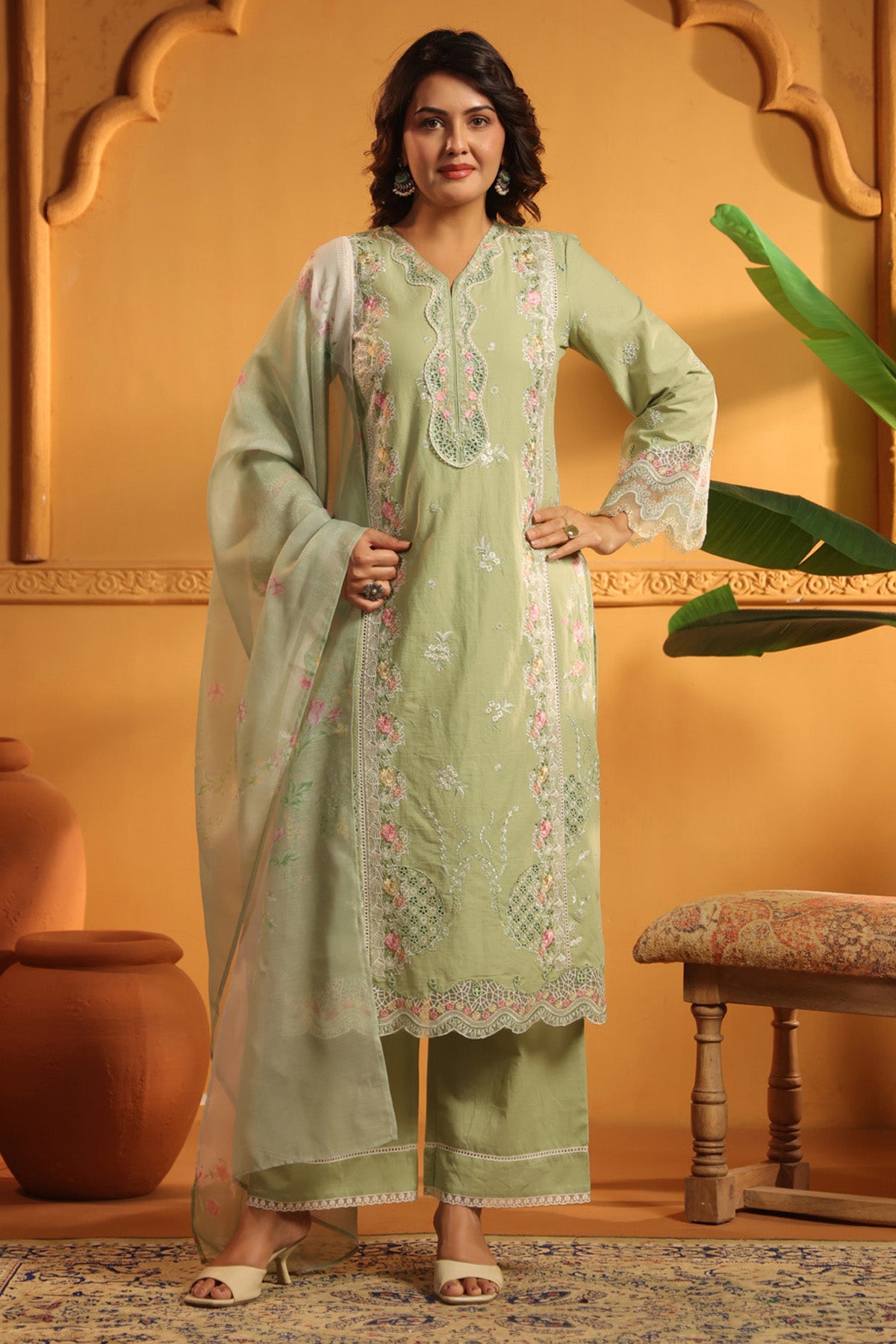 Sage Green Cotton Embroidered Pakistani Straight Suit Set With Dupatta