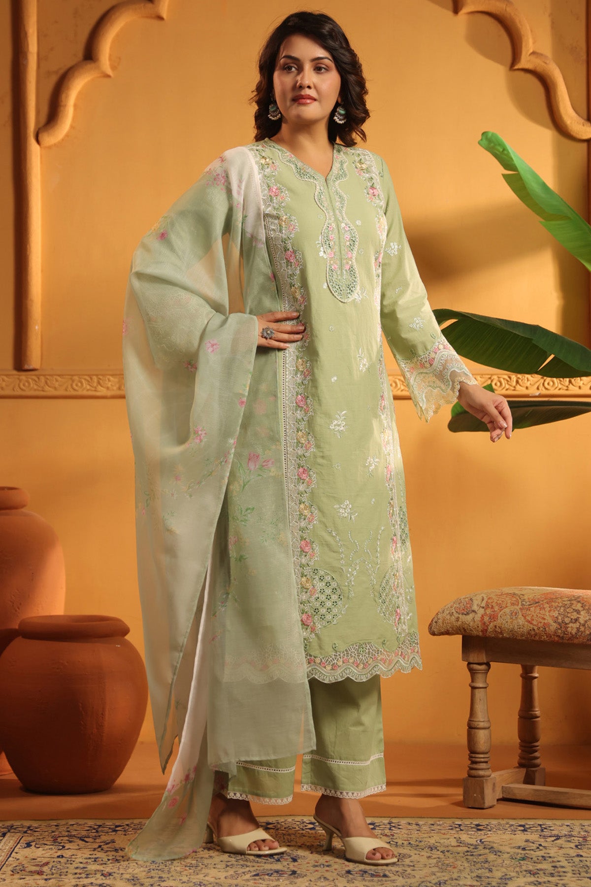 Sage Green Cotton Embroidered Pakistani Straight Suit Set With Dupatta
