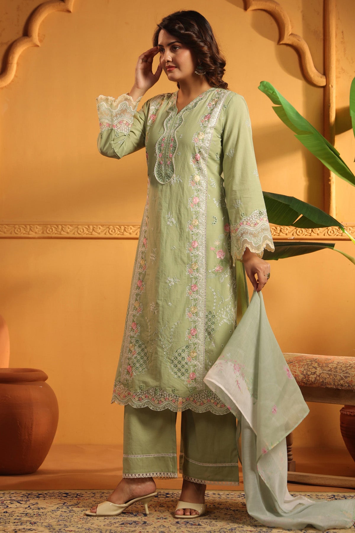 Sage Green Cotton Embroidered Pakistani Straight Suit Set With Dupatta