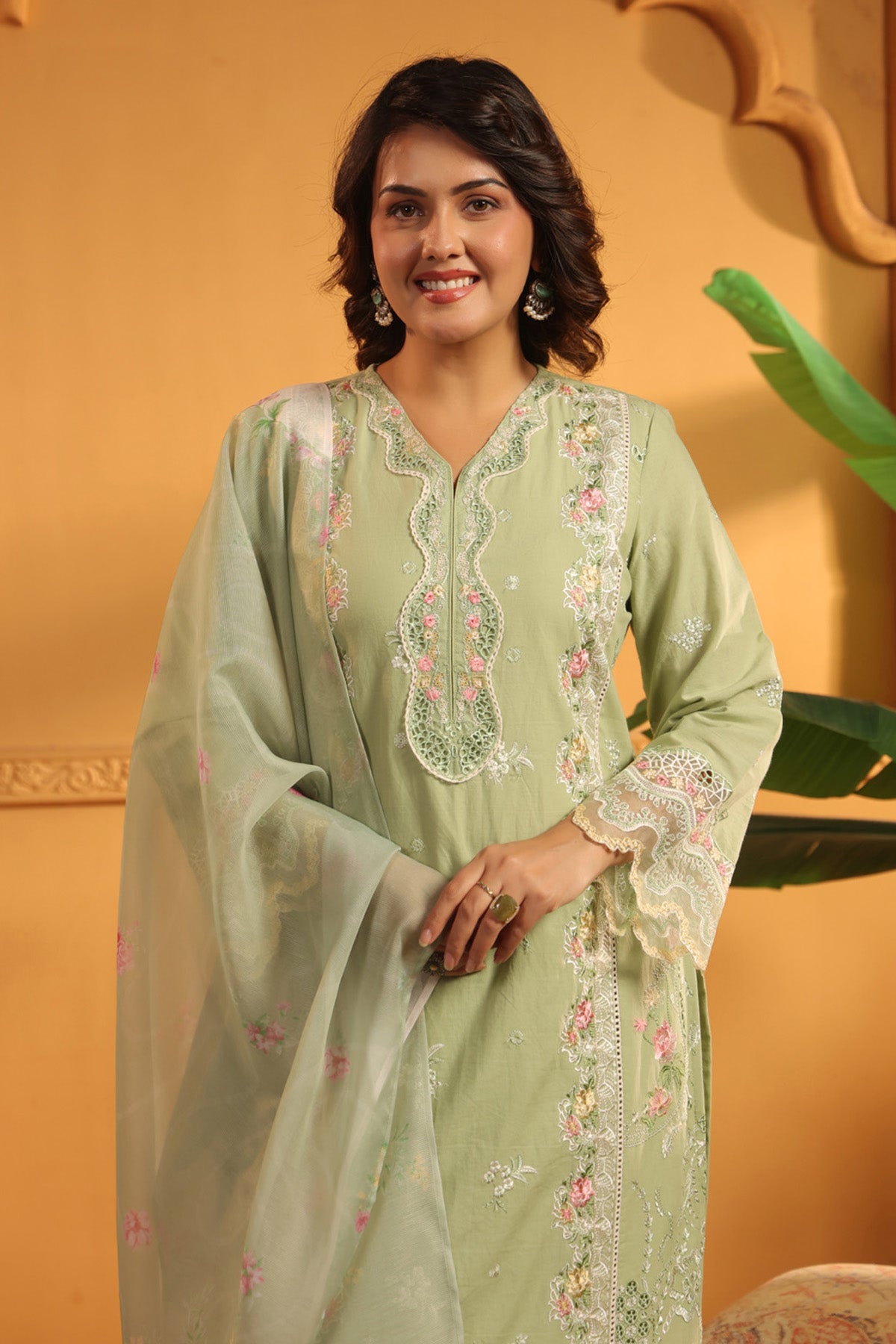 Sage Green Cotton Embroidered Pakistani Straight Suit Set With Dupatta