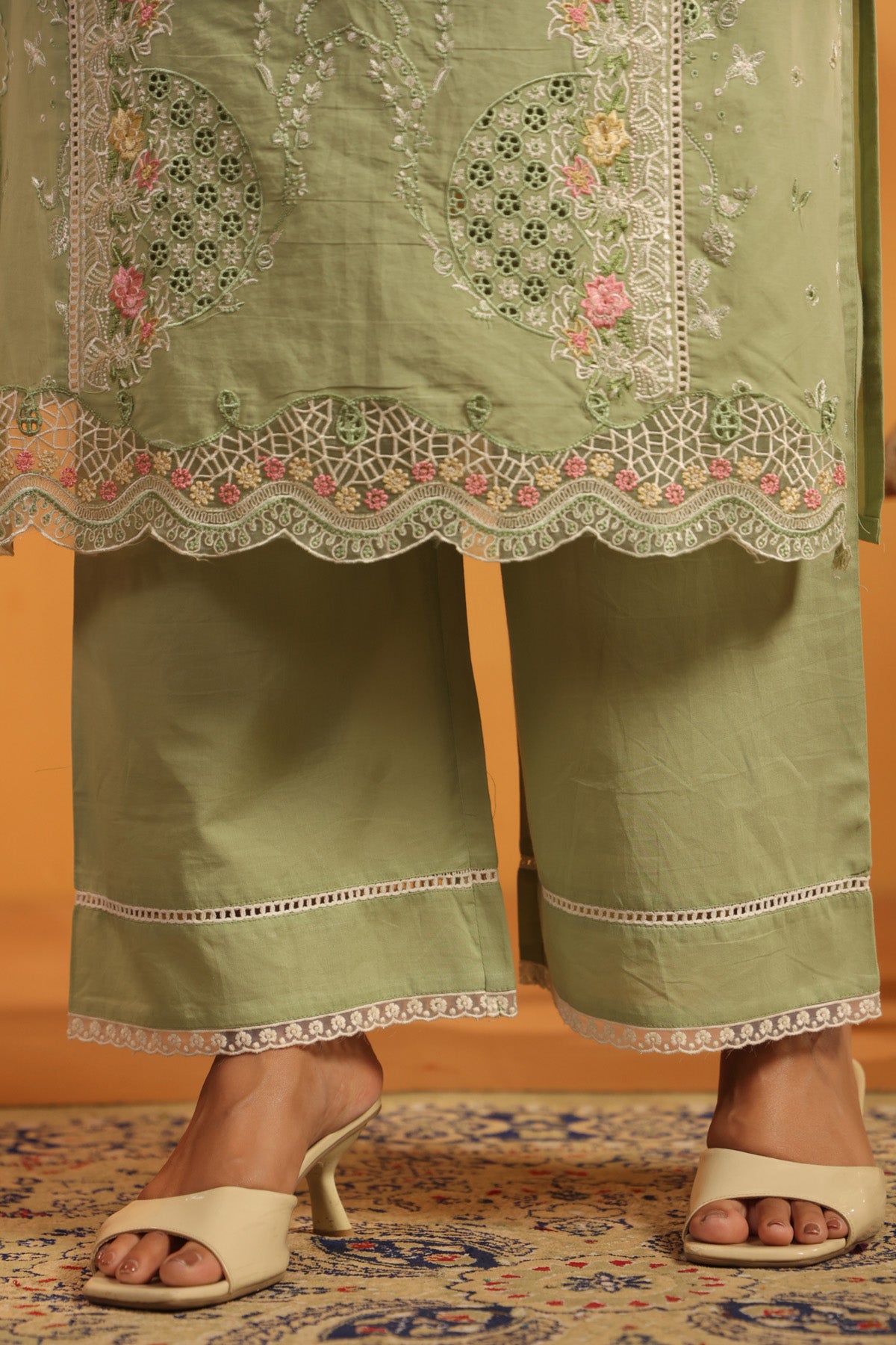 Sage Green Cotton Embroidered Pakistani Straight Suit Set With Dupatta
