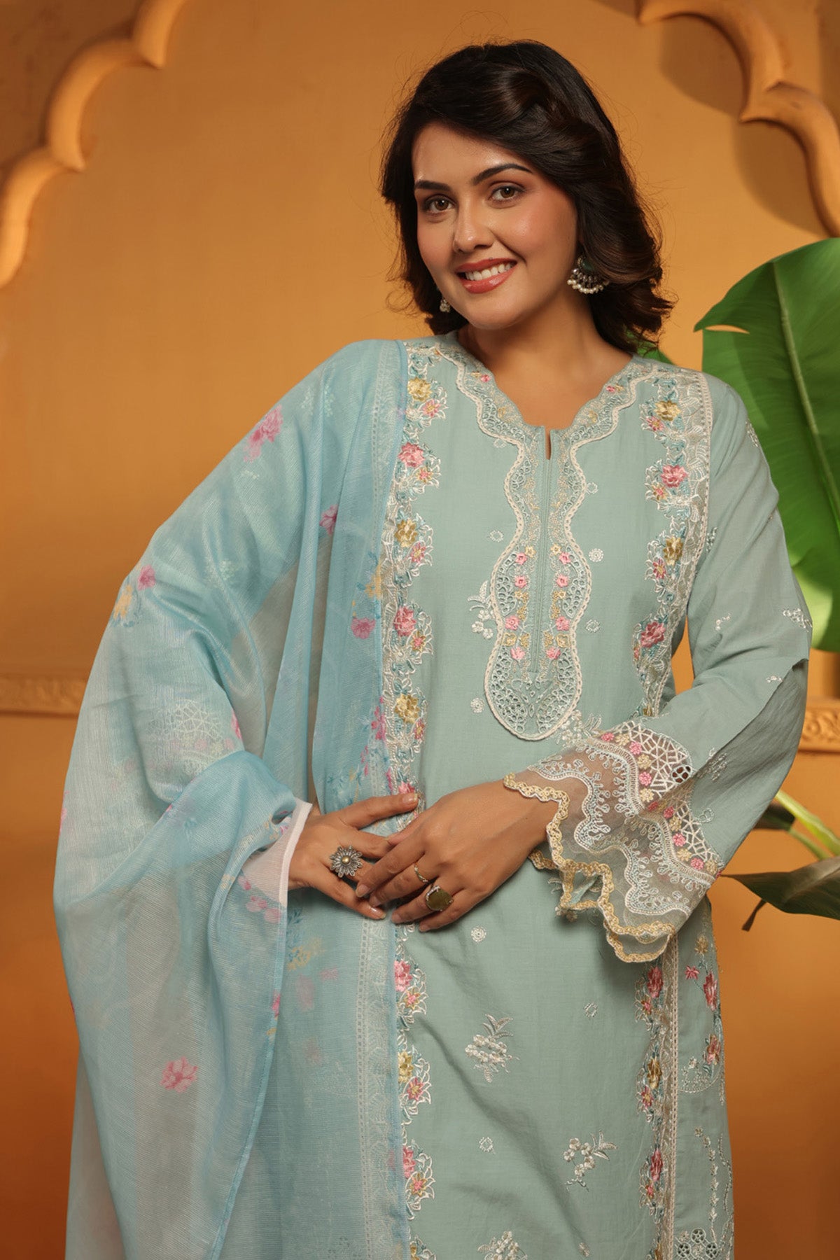 Powder Blue Cotton Embroidered Pakistani Straight Suit Set With Dupatta
