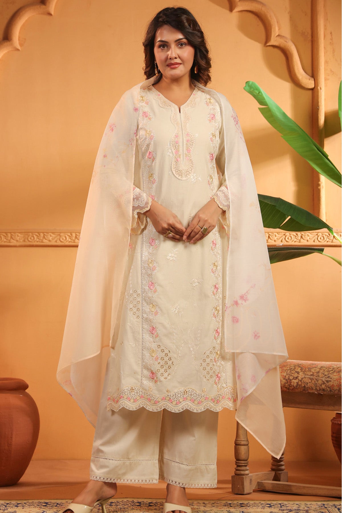 Ivory Cotton Embroidered Pakistani Straight Suit Set With Dupatta