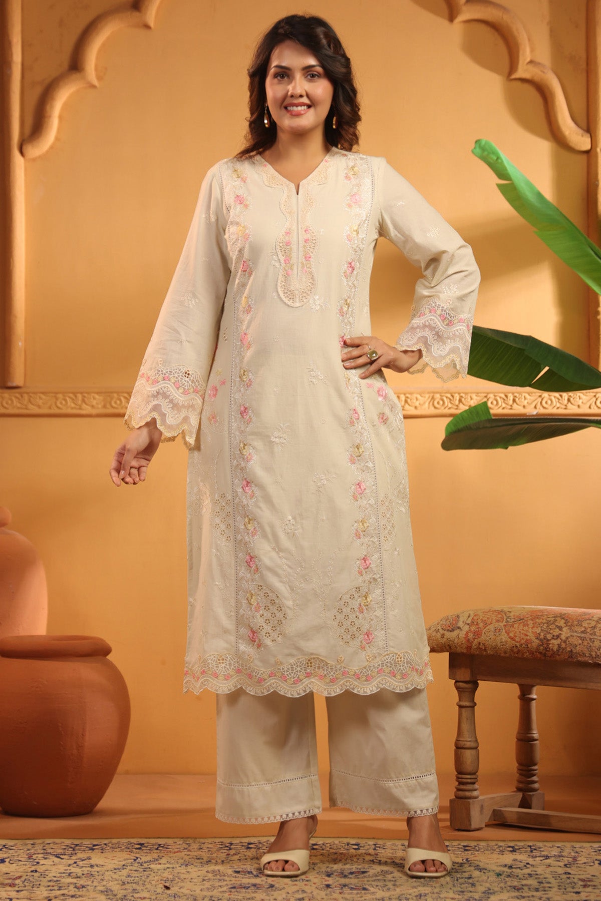 Ivory Cotton Embroidered Pakistani Straight Suit Set With Dupatta