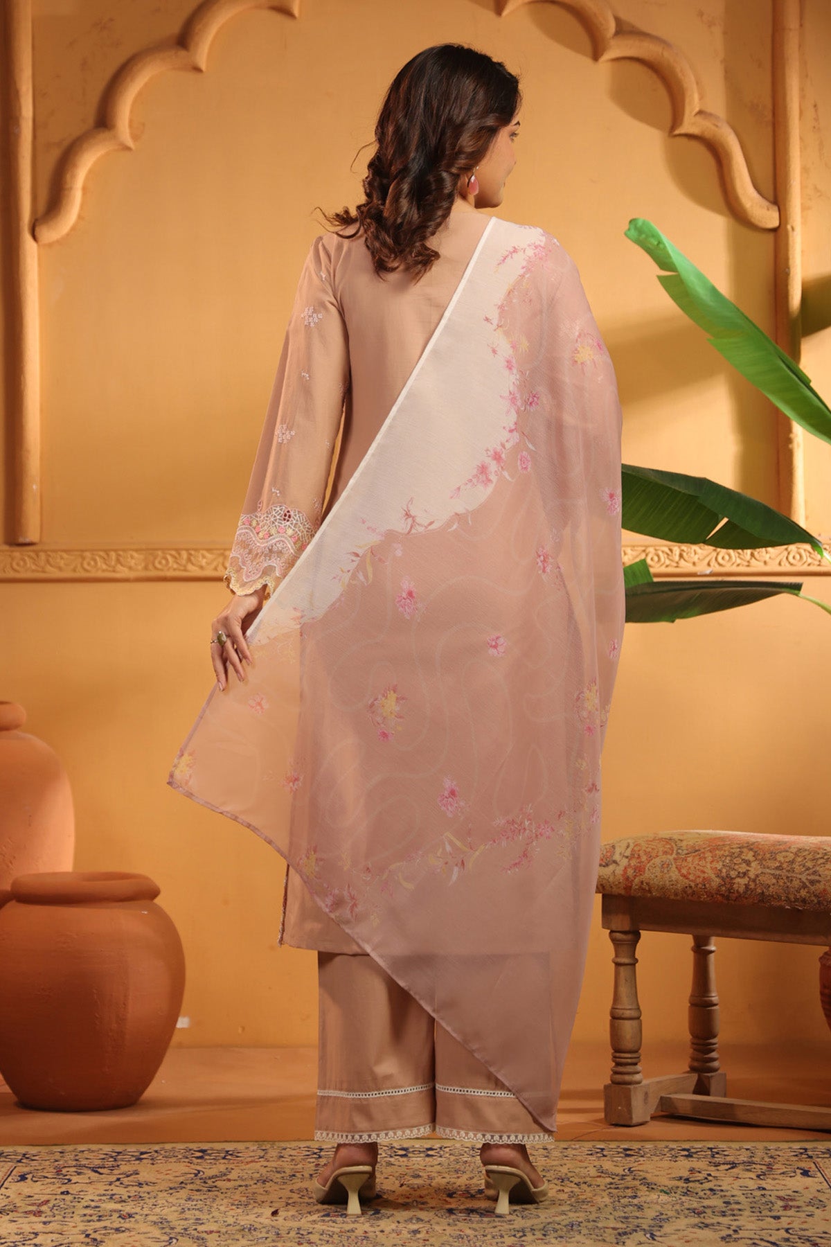 Dusty Peach Cotton Embroidered Pakistani Straight Suit Set With Dupatta