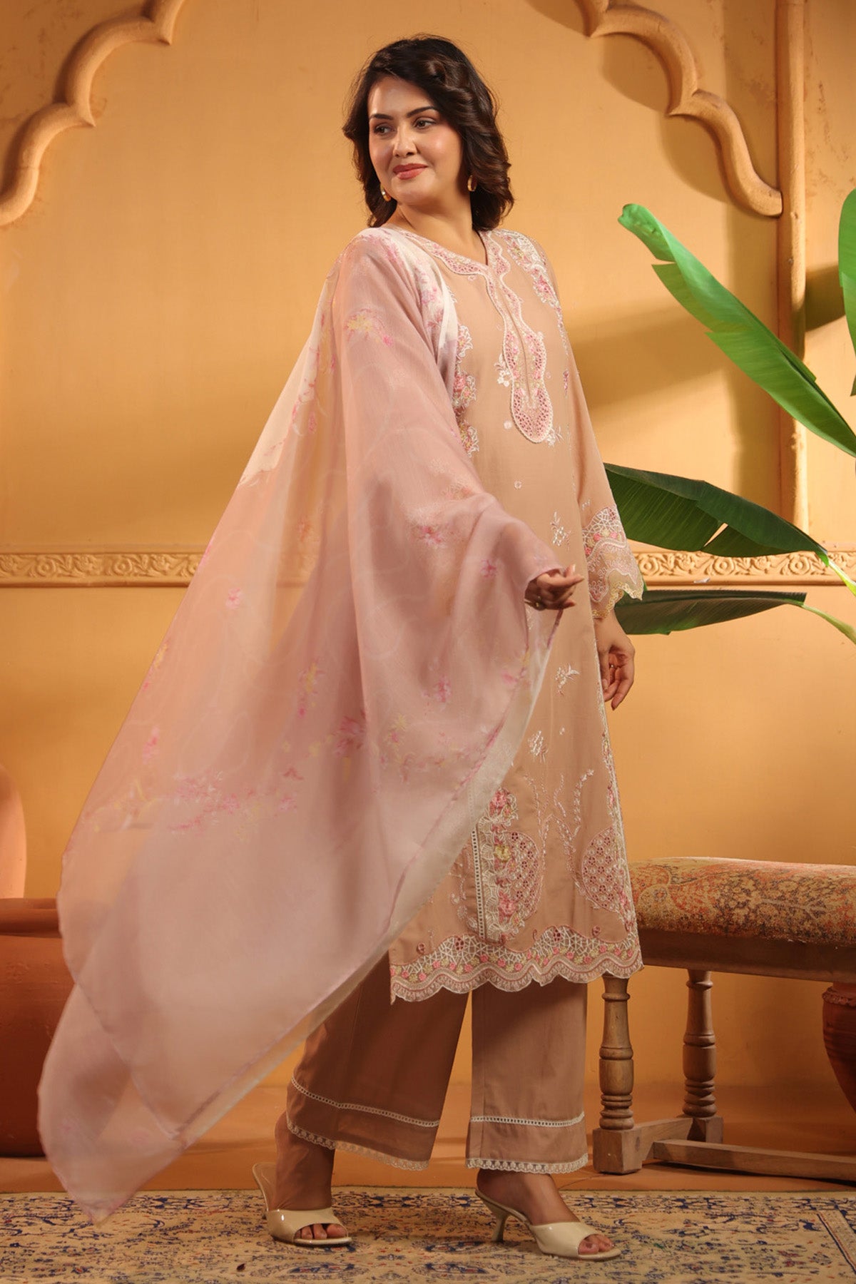 Dusty Peach Cotton Embroidered Pakistani Straight Suit Set With Dupatta