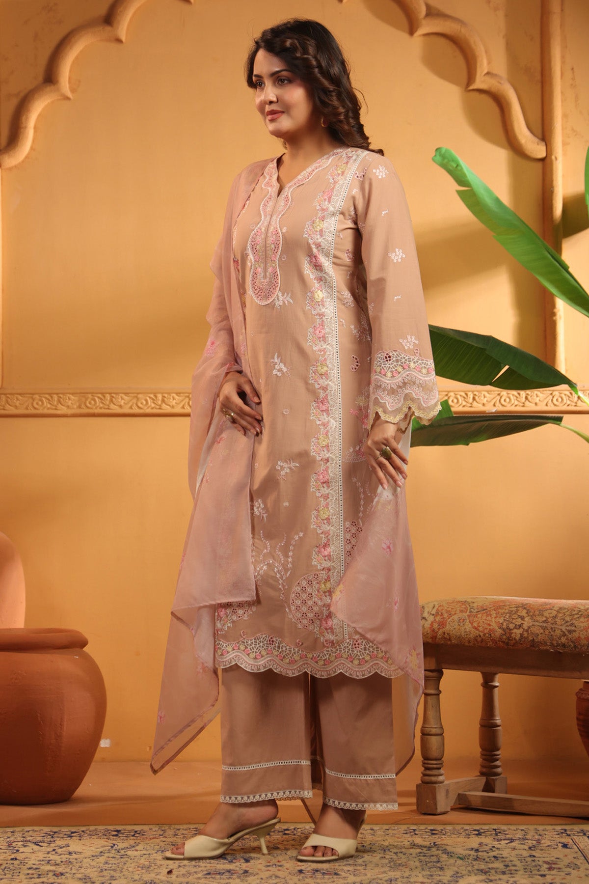 Dusty Peach Cotton Embroidered Pakistani Straight Suit Set With Dupatta