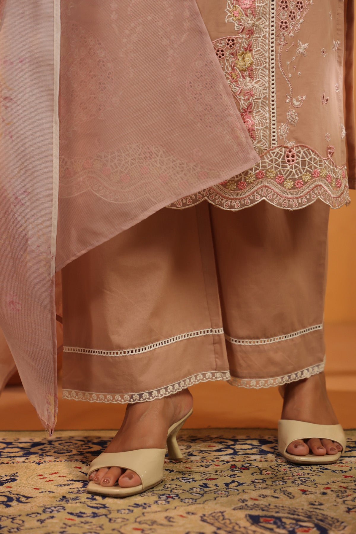 Dusty Peach Cotton Embroidered Pakistani Straight Suit Set With Dupatta