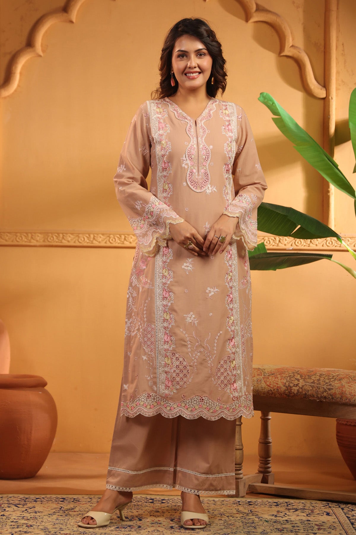 Dusty Peach Cotton Embroidered Pakistani Straight Suit Set With Dupatta