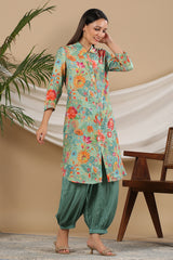 Green Floral Muslin Long Shirt and Harem Set