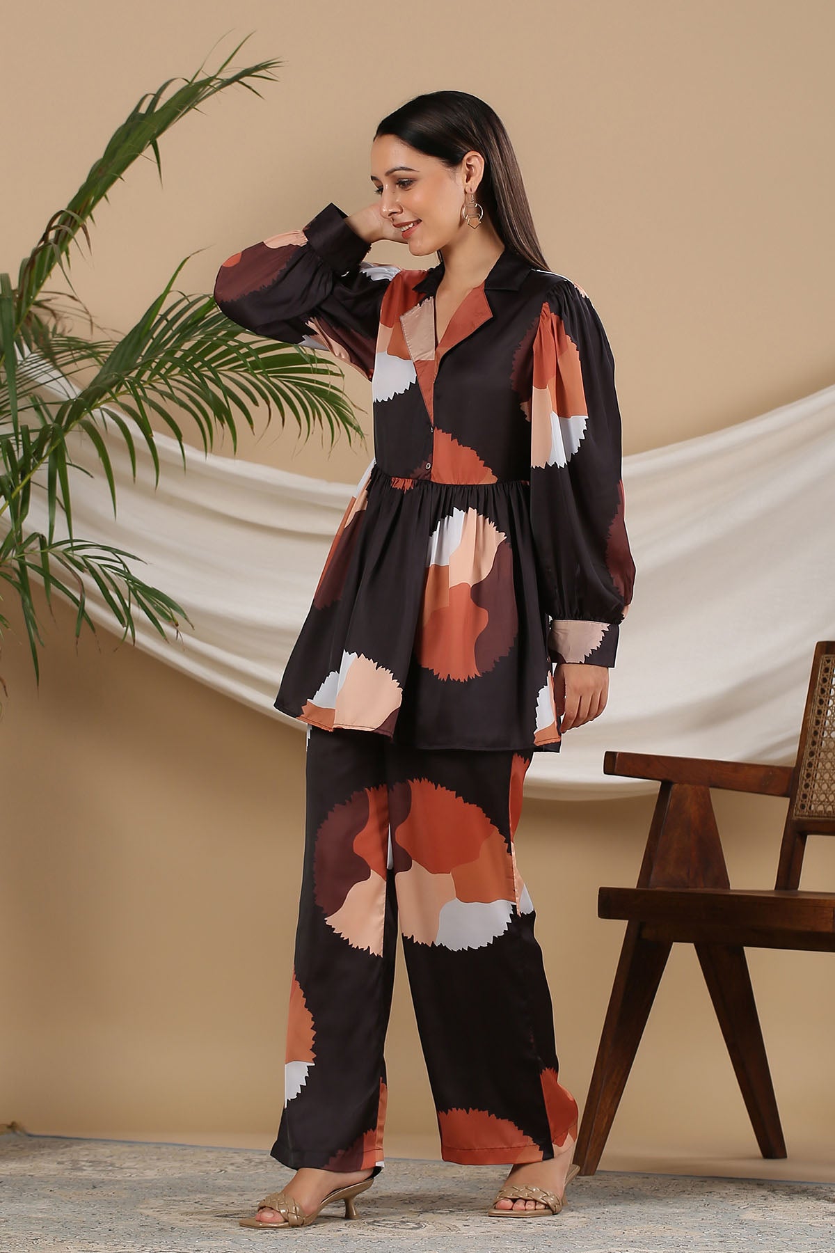 Black Multicolor Satin Printed Co-ord Set