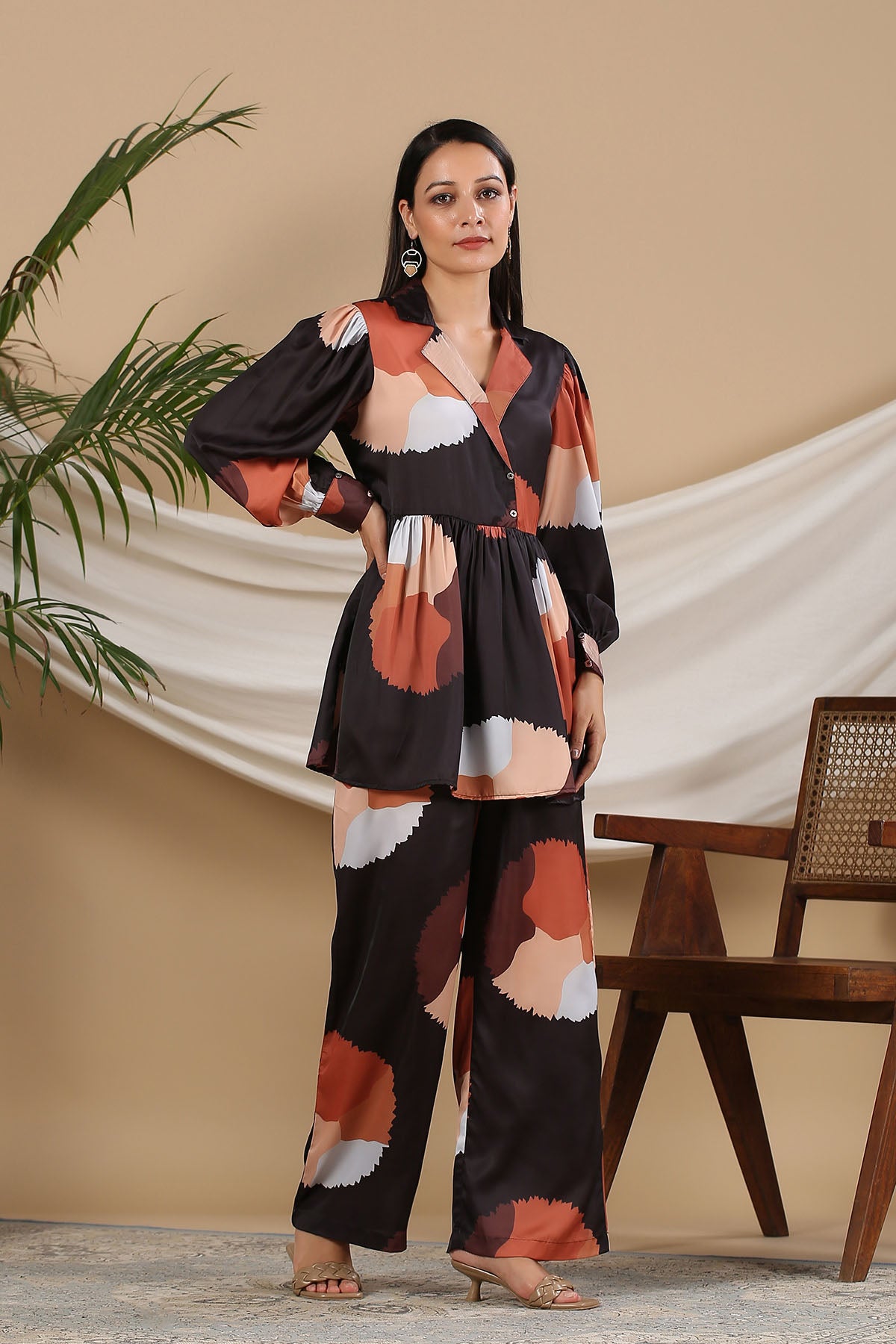 Black Multicolor Satin Printed Co-ord Set