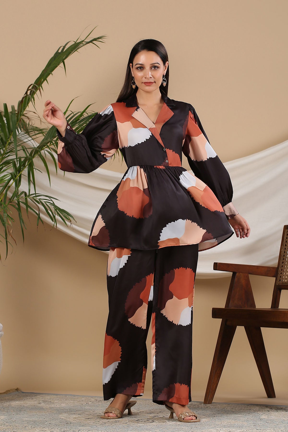 Black Multicolor Satin Printed Co-ord Set