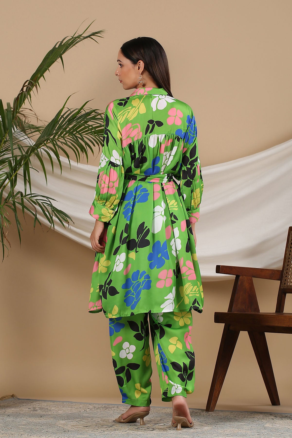 Green Floral Satin Printed Co-ord Set
