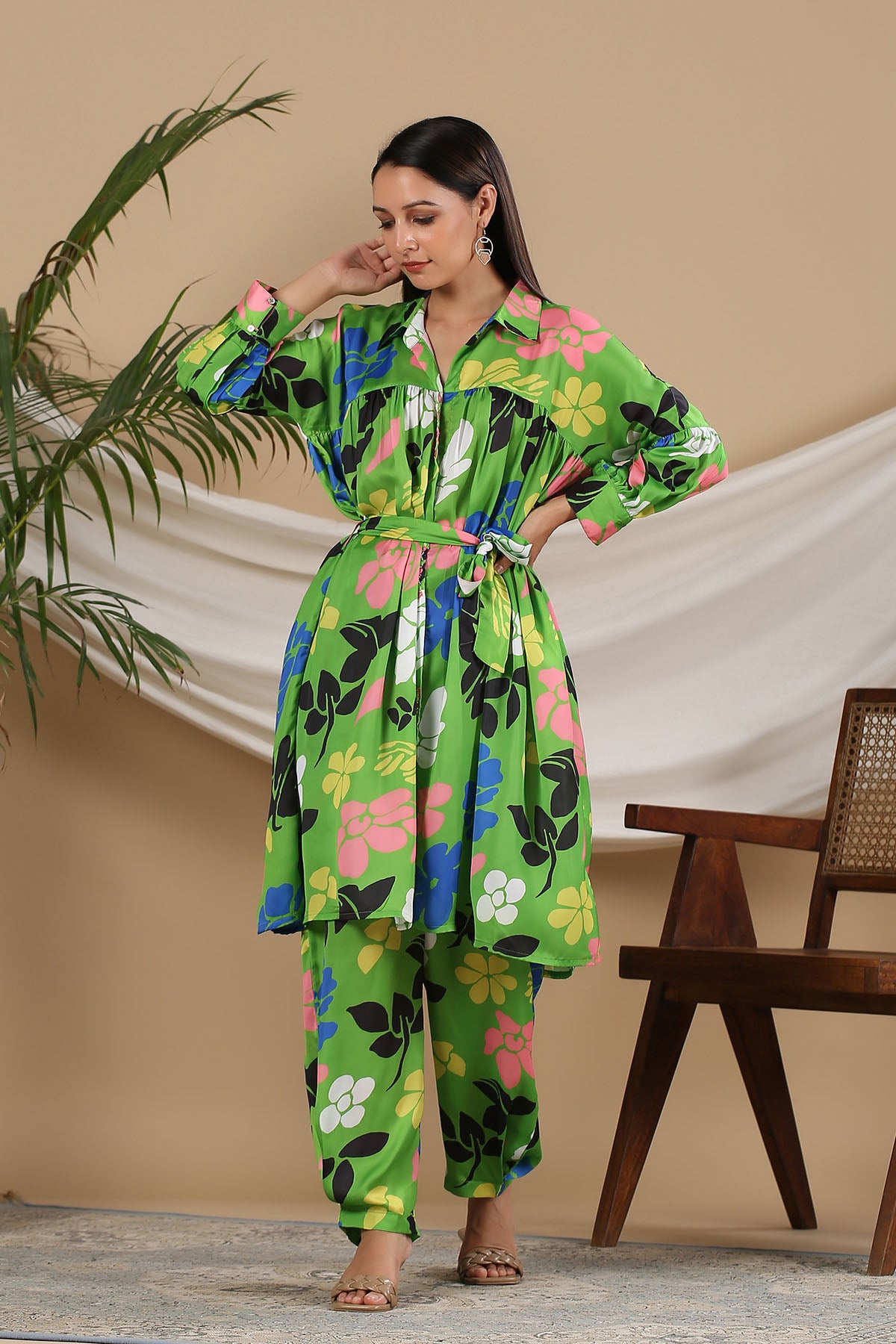 Green Floral Satin Printed Co-ord Set