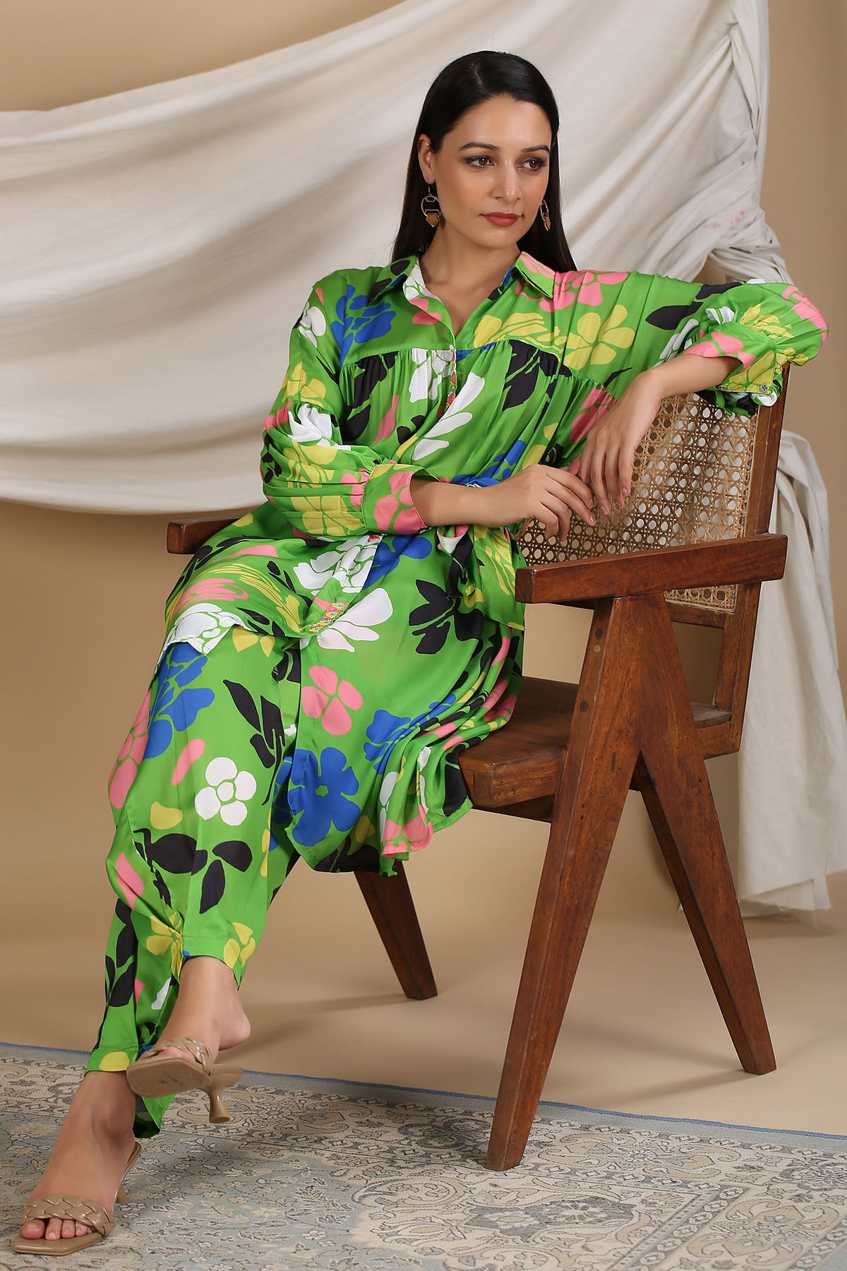 Green Floral Satin Printed Co-ord Set