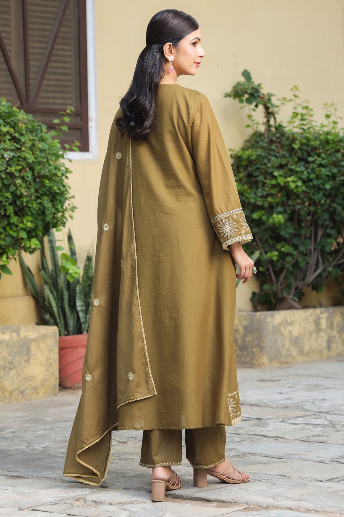 Olive Brown Mul Cotton Embroidered A-Line Suit Set With Dupatta