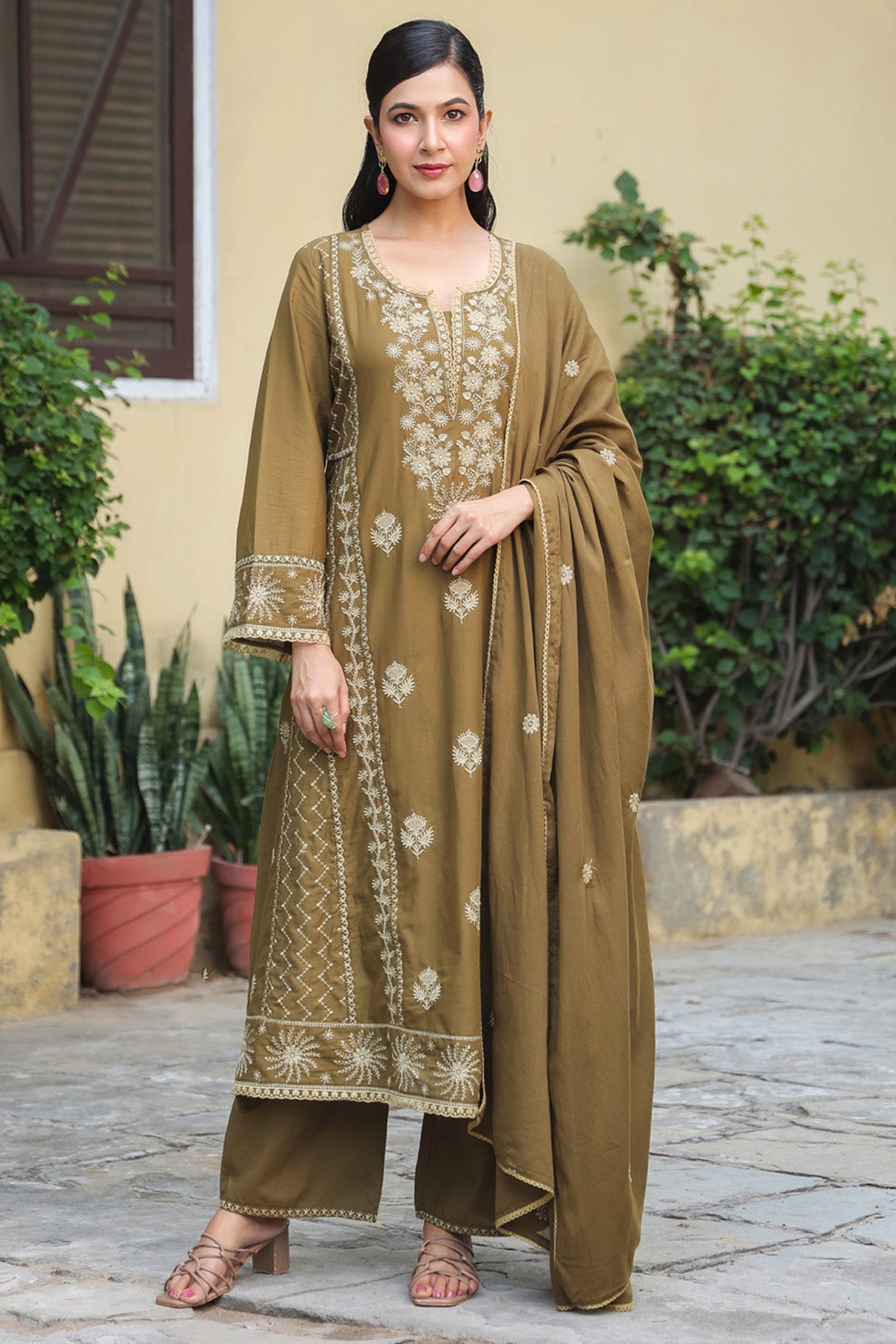 Olive Brown Mul Cotton Embroidered A-Line Suit Set With Dupatta
