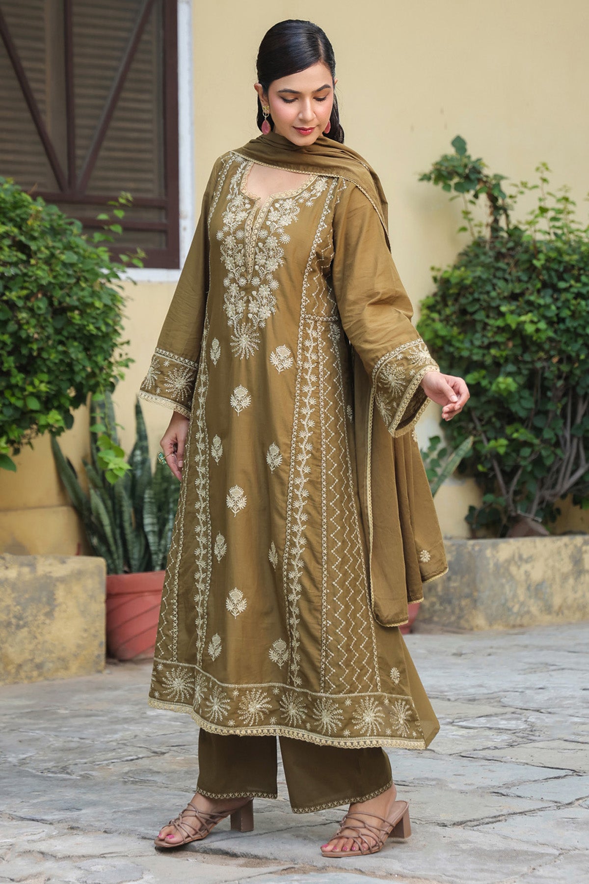 Olive Brown Mul Cotton Embroidered A-Line Suit Set With Dupatta