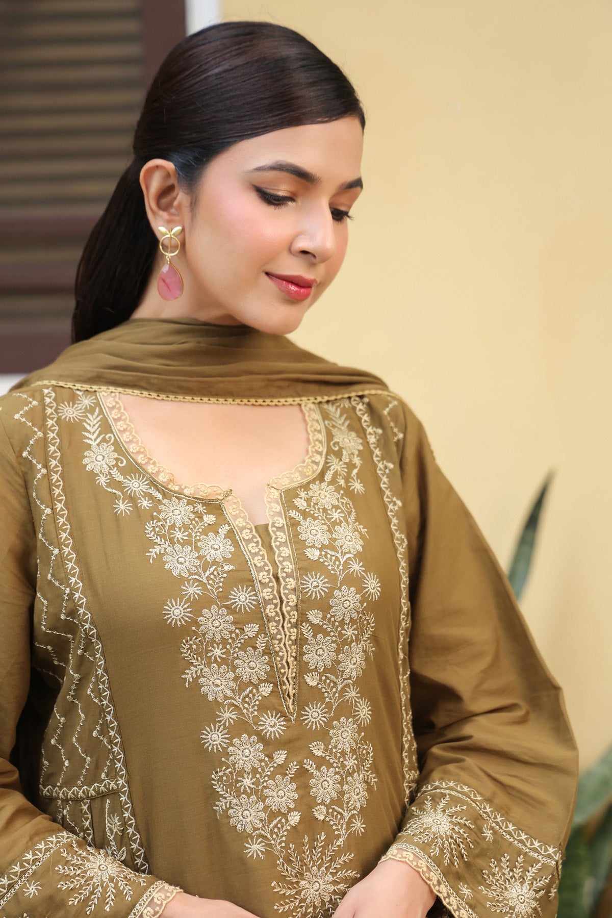 Olive Brown Mul Cotton Embroidered A-Line Suit Set With Dupatta