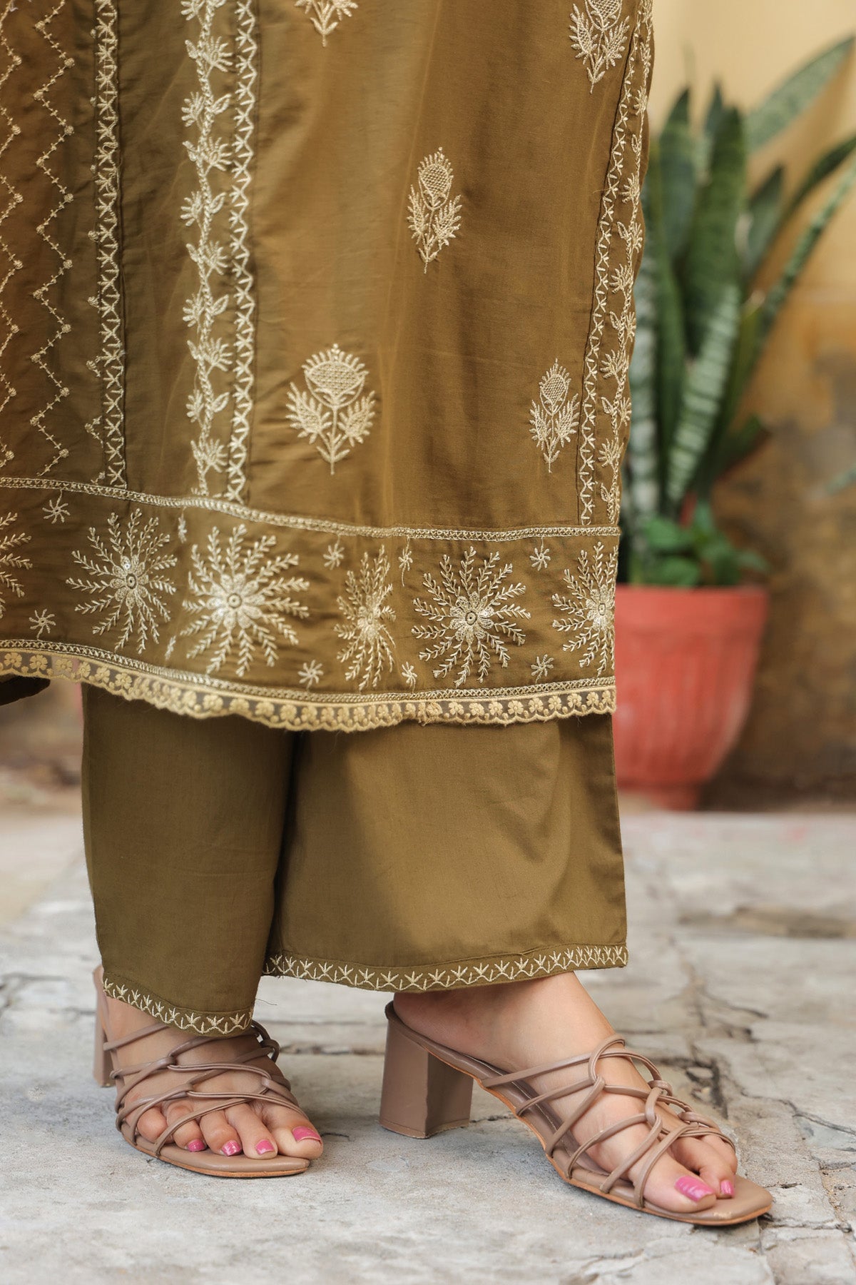 Olive Brown Mul Cotton Embroidered A-Line Suit Set With Dupatta