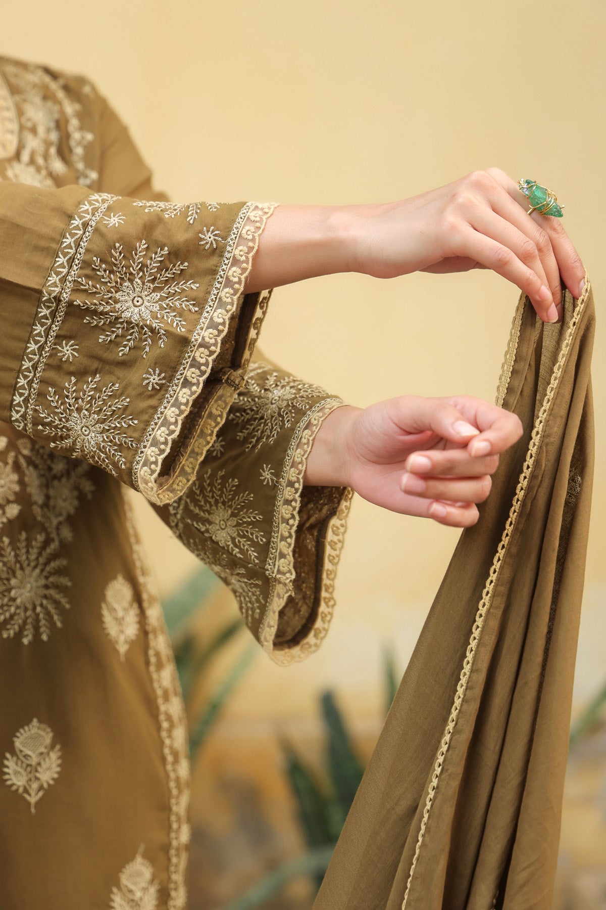 Olive Brown Mul Cotton Embroidered A-Line Suit Set With Dupatta