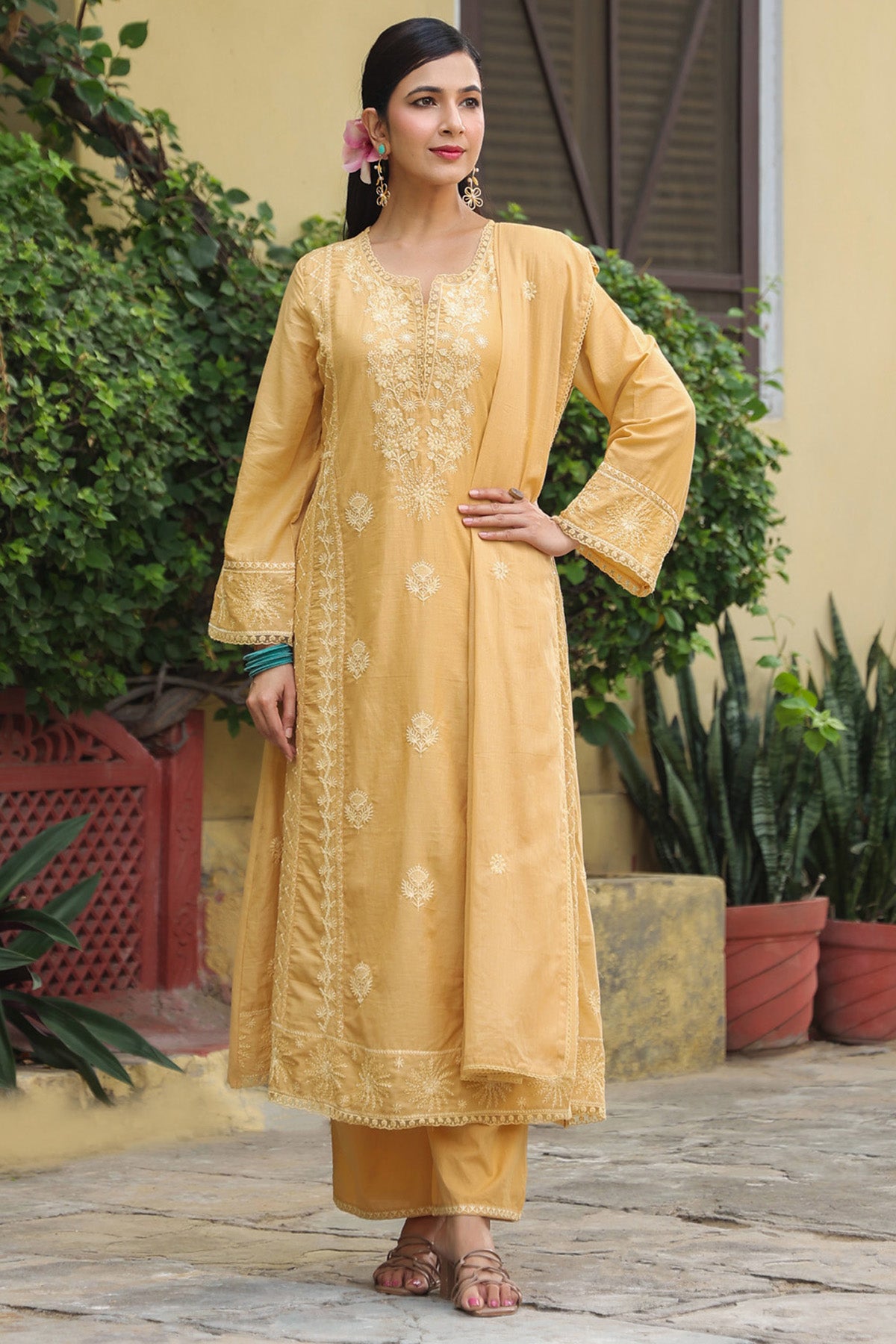 Mustard Beige Mul Cotton Embroidered A-Line Suit Set With Dupatta
