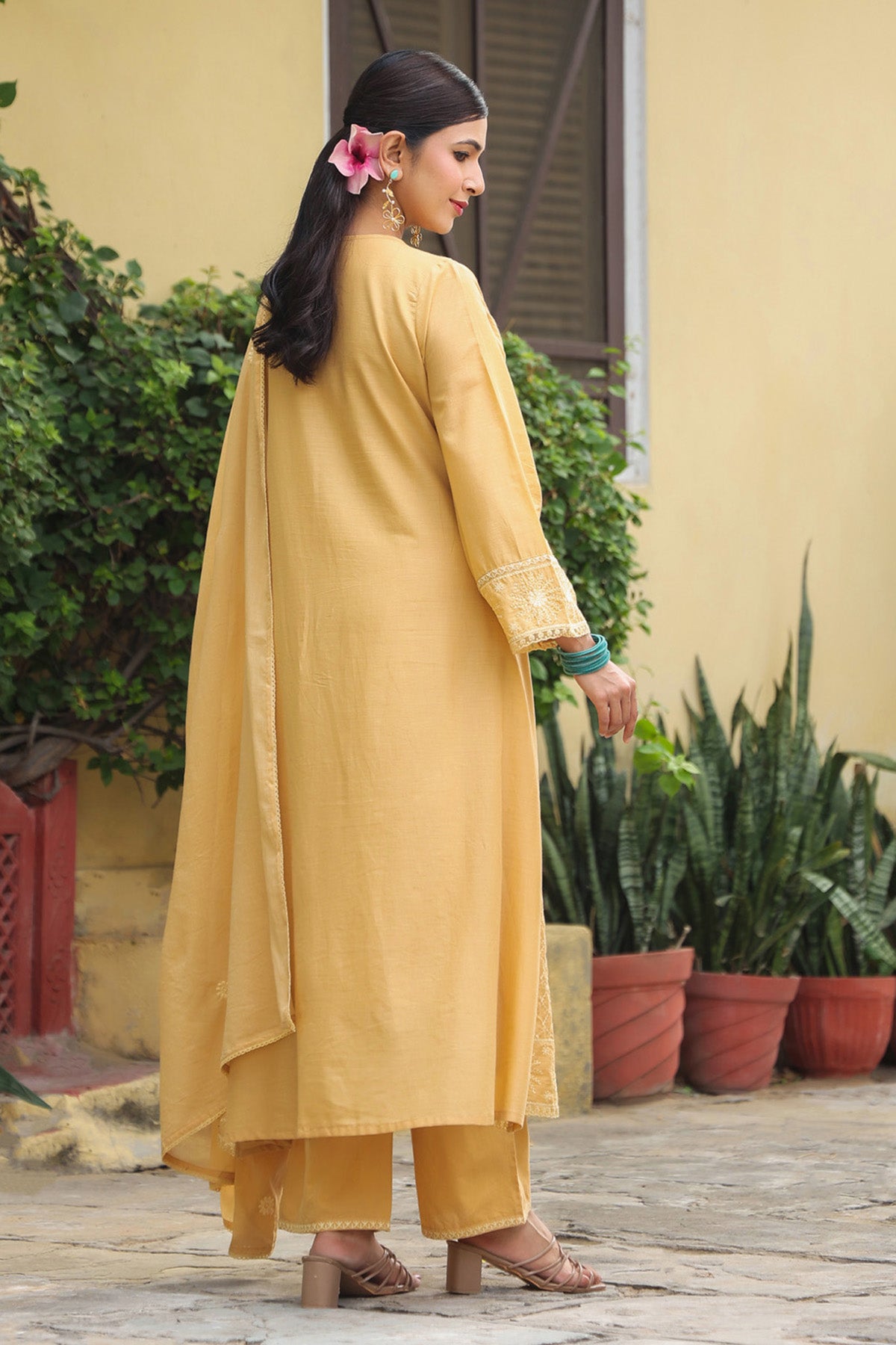 Mustard Beige Mul Cotton Embroidered A-Line Suit Set With Dupatta